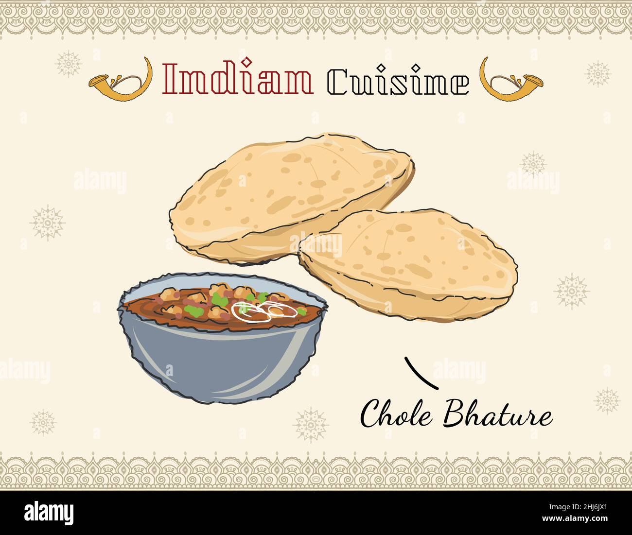 Illustration de la cuisine indienne.Chole Bhature ou Chick Pea curry et Fried Puri servis dans de la vaisselle en terre cuite.Cuisine indienne assiette isolée de couleur vecto Illustration de Vecteur