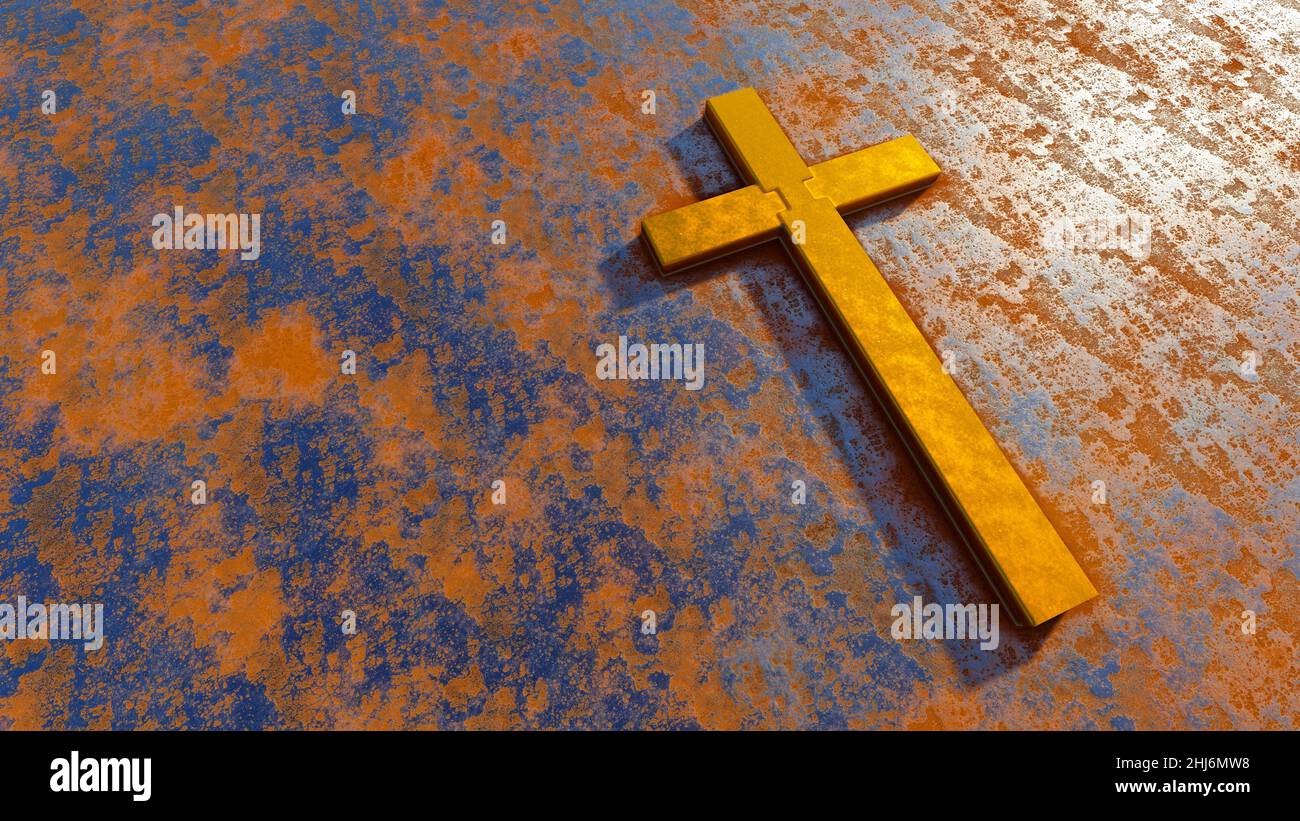 Concept ou croix d'or conceptuelle sur un fond en tôle corrodée rouillée ou en tôle d'acier. métaphore de l'illustration 3d pour Dieu, Christ, religieux, foi Banque D'Images