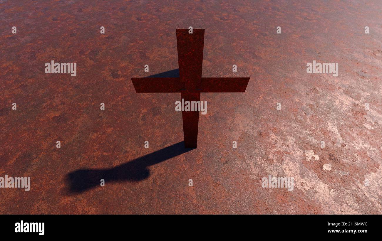 Concept ou croix conceptuelle sur un fond de tôle ou de tôle d'acier corrodé rouillé. métaphore de l'illustration 3d pour Dieu, Christ, Christianisme, religieux, f Banque D'Images