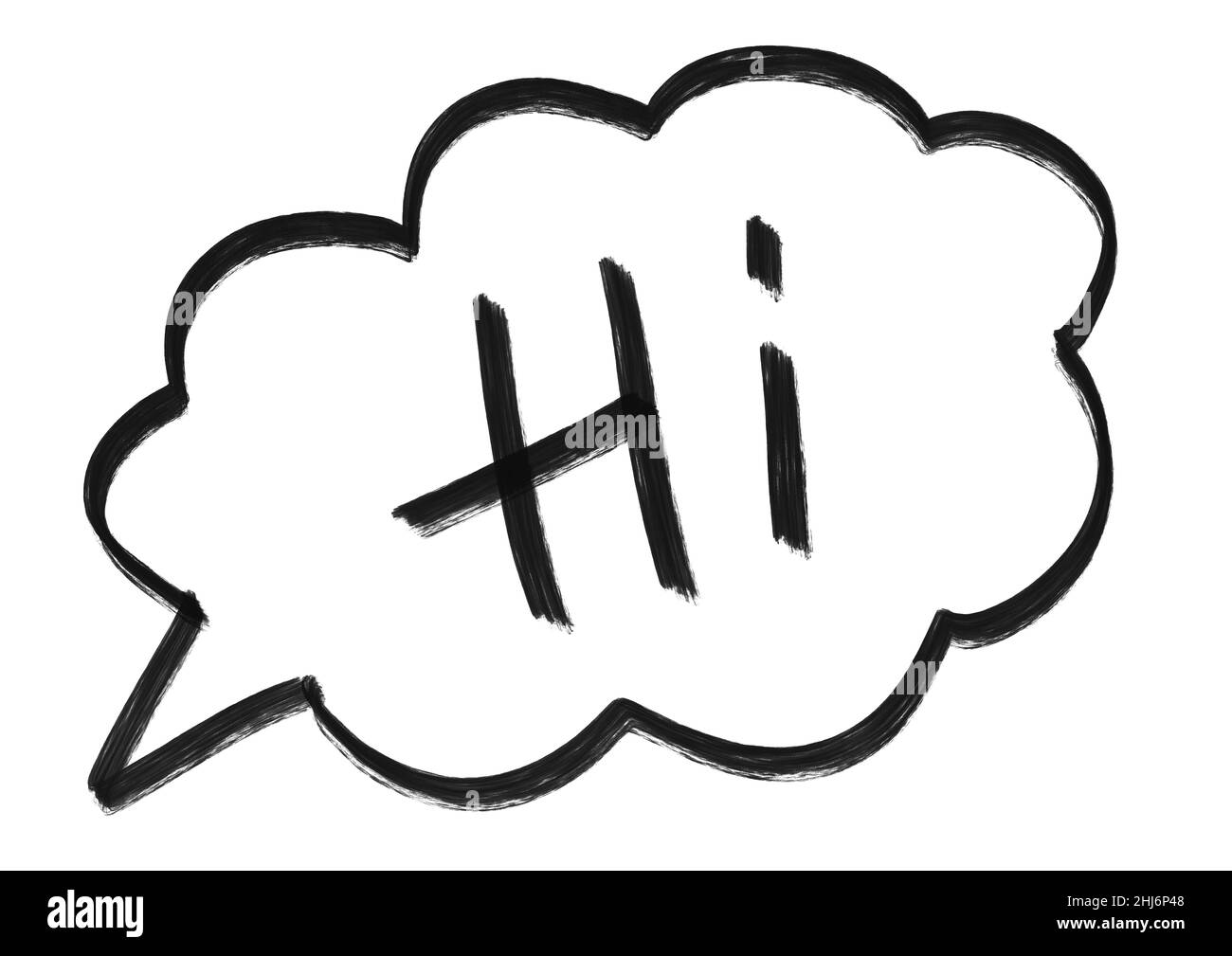 Mot et inscription Hi écrit à l'intérieur de la bulle noire de la parole nuage sur fond blanc isolé.Message graphique avec texte en lettres.Panneau de discussion. Banque D'Images