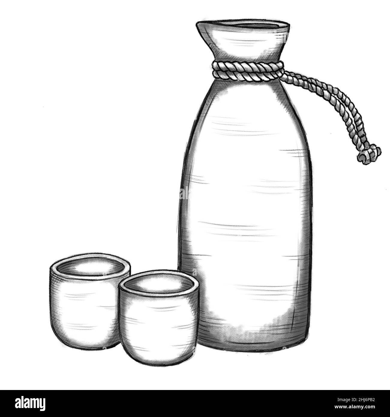 bouteille de saké et verre d'aliments ou de boissons traditionnels japonais avec dessin dessiné à la main par style d'illustration de crayon Banque D'Images