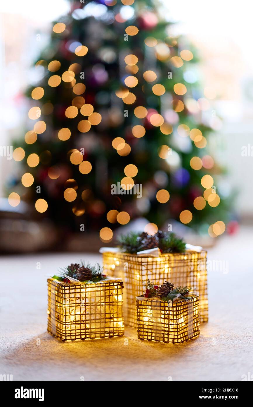 Décorations illuminées devant le sapin de Noël Banque D'Images