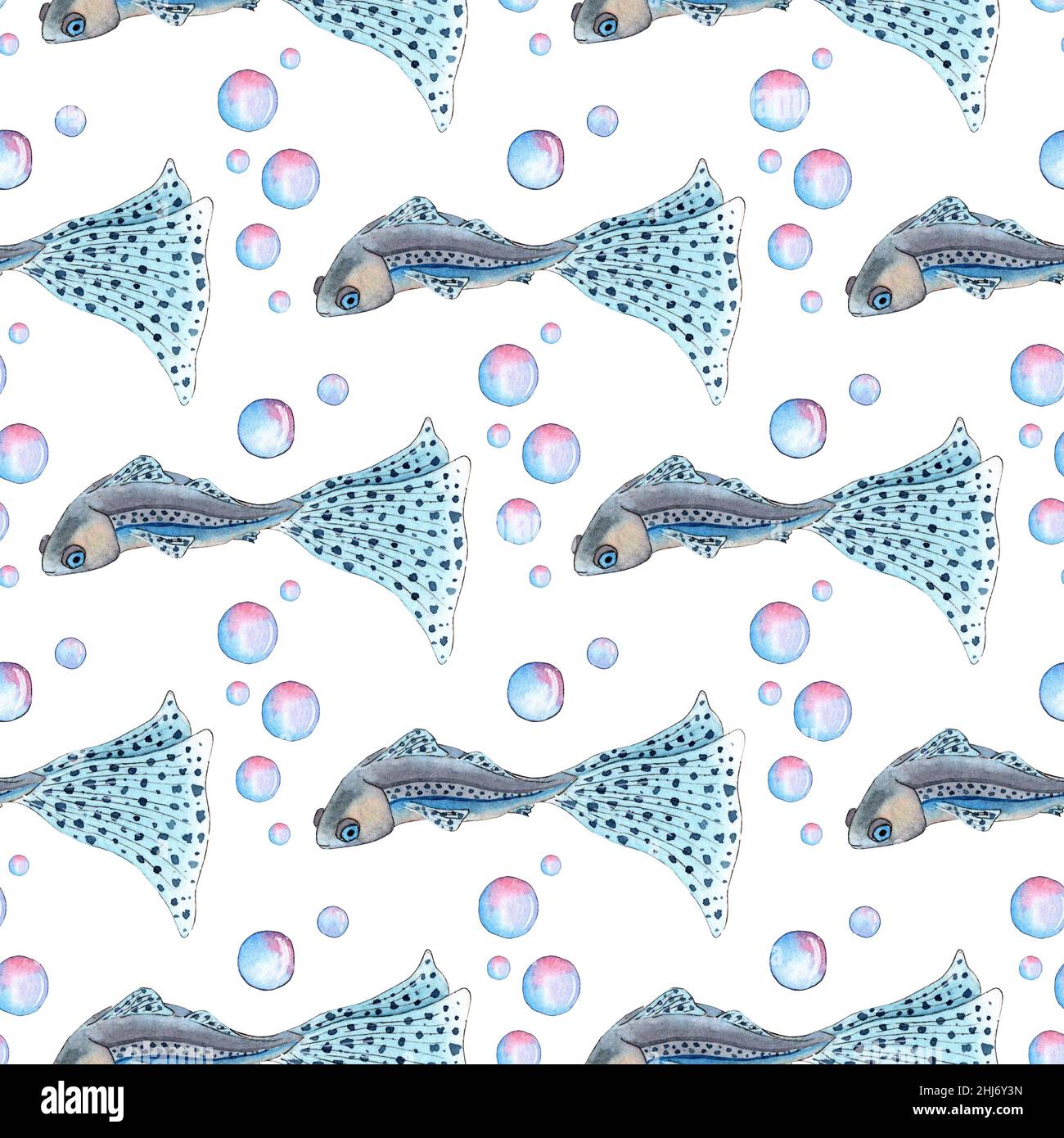 Motif aquarelle d'illustration d'un petit poisson bleu avec une grande queue à pois et des bulles.Imprimé répété sans couture poisson d'aquarium guppy.Se Banque D'Images