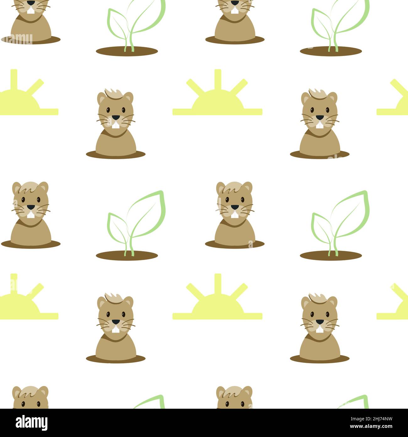 Motif sans couture de cartoon, de soleil et de plante.Éléments de style dessin animé dessinés à la main.Bonne journée de marmotte. Illustration de Vecteur