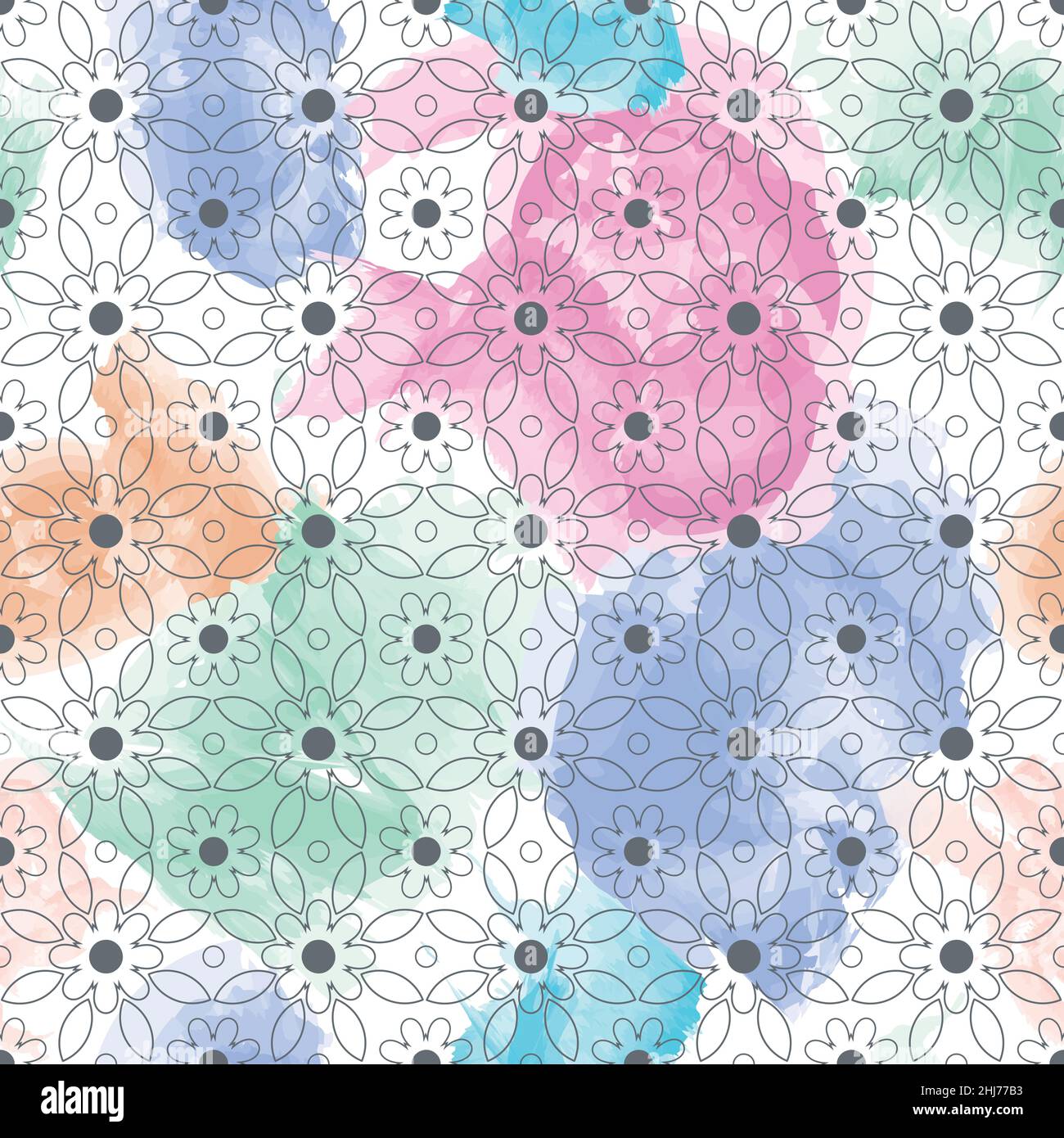 Forêt d'été motif floral sans couture dessiné à la main printemps pastel jardin fond avec des fleurs, des feuilles, des shamrogs et des coccinelles pour les enfants, bébé, textile, Illustration de Vecteur