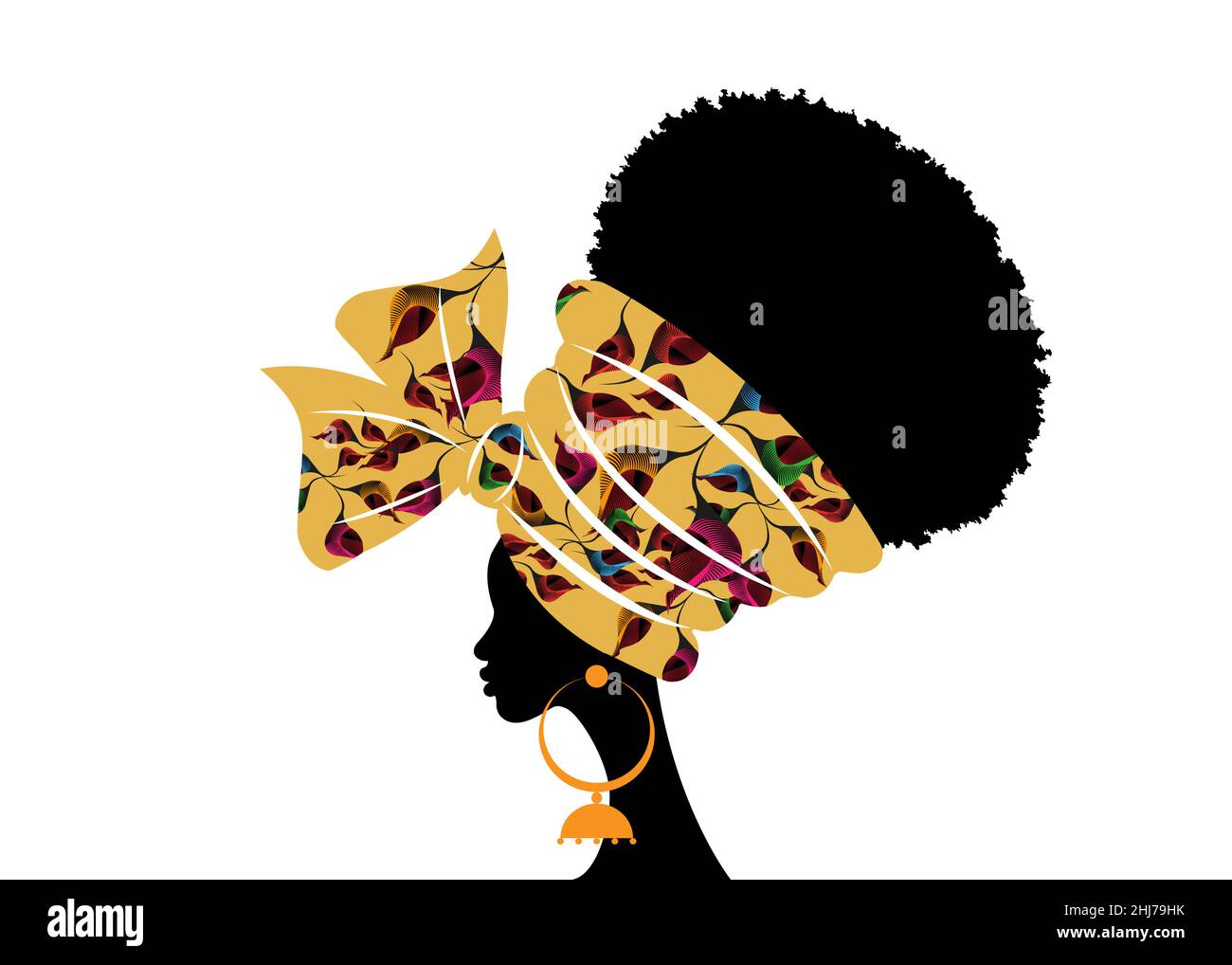 Portrait belle femme africaine en turban traditionnel motif tribal fait main fleurs de mariage, tête Kente envelopper africain avec des boucles d'oreilles ethniques, noir Illustration de Vecteur