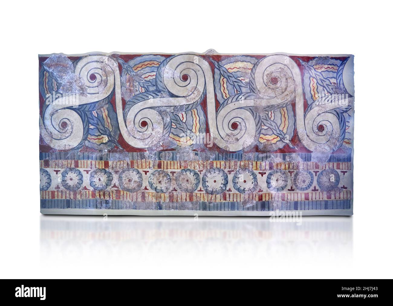 Mur de Mtcenaean freco peint avec rosettes et spirales de course avec des fleurs de papyrus dans les angles, Palave de Tiryns, 13th cent BC.Contre le dos blanc Banque D'Images