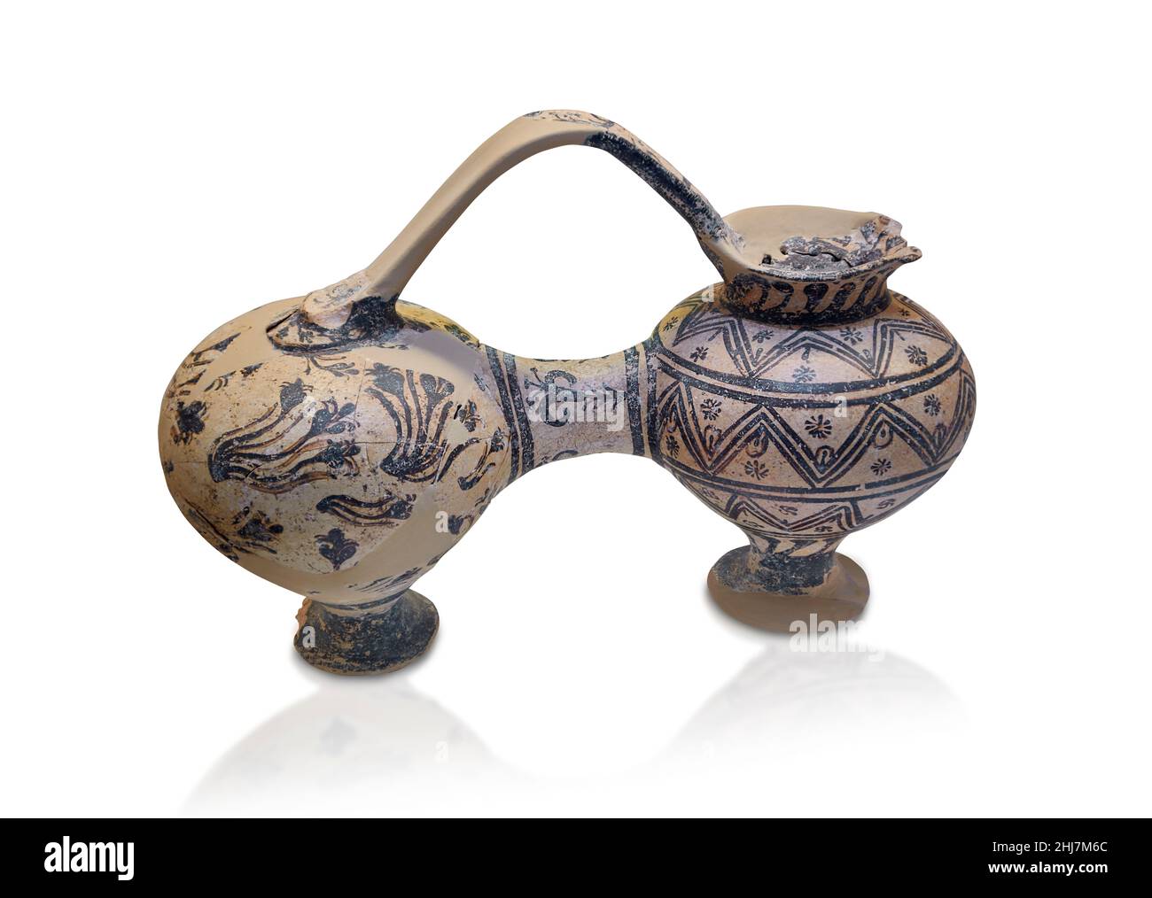 Poterie mycénienne - bateau double en terre cuite avec une passoire l'une avec un motif floral l'autre avec un design géométrique, chambre tombeau / , 1500-1450 BC NAF Banque D'Images