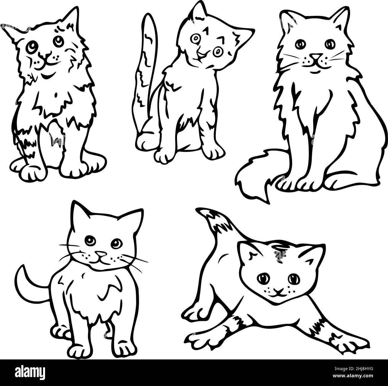Illustration vectorielle avec collection de chats et de chatons.Chats isolés noirs et blancs. Illustration de Vecteur