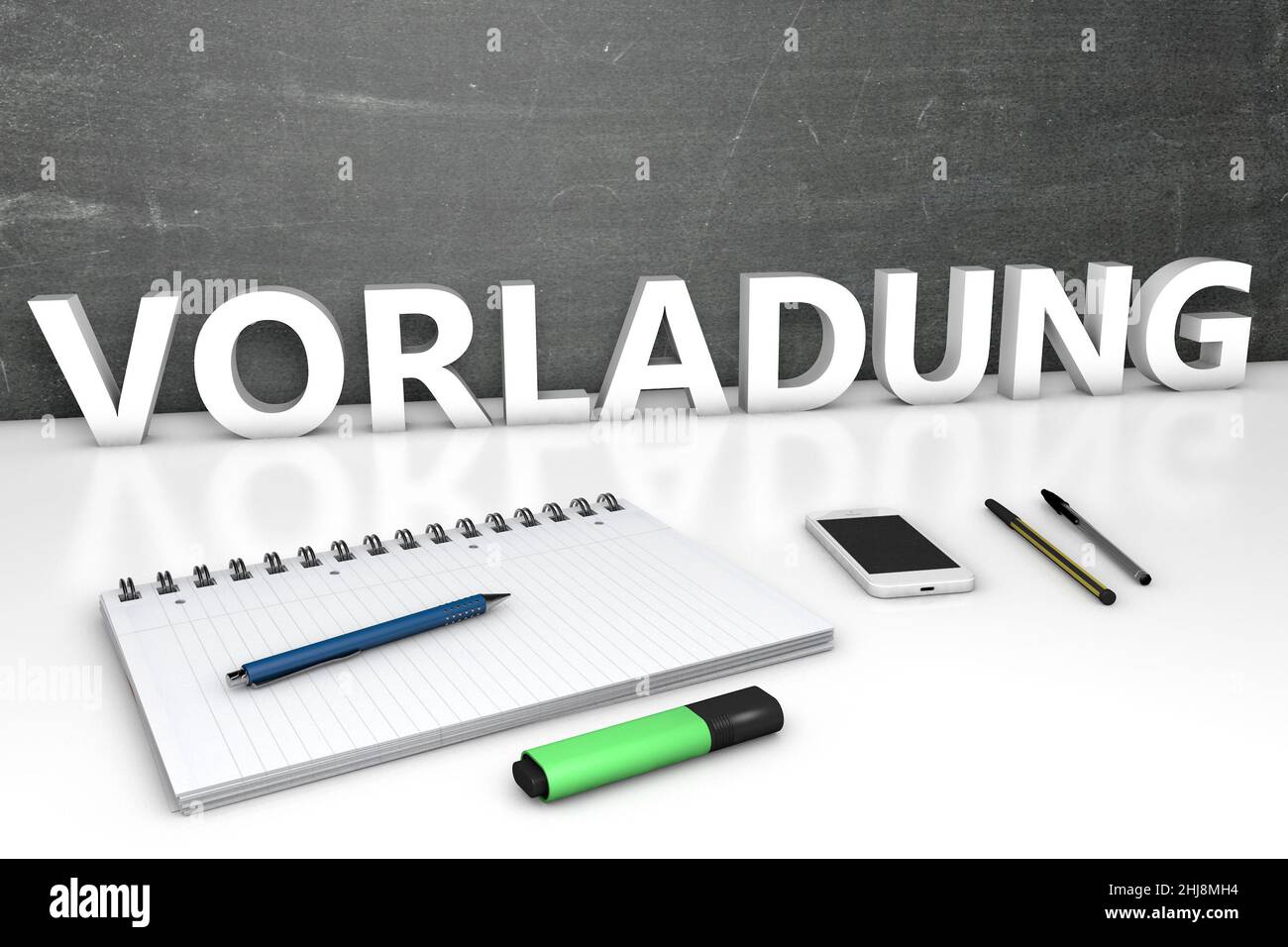 Vorladung - mot allemand pour bref d'assignation ou d'assignation - concept de texte avec tableau noir, bloc-notes, stylos et téléphone portable.3D rendu de l'illustration. Banque D'Images