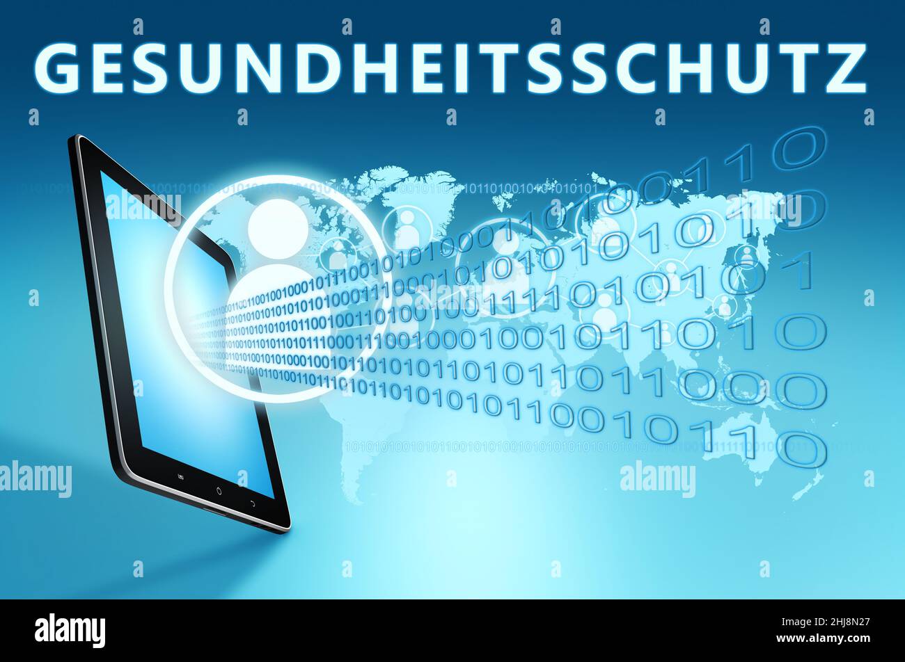 Gesundheitschutz - mot allemand pour la protection de la santé ou de la santé - concept de texte avec ordinateur de tablette sur fond bleu de carte de wolrd - 3D rendu illus Banque D'Images