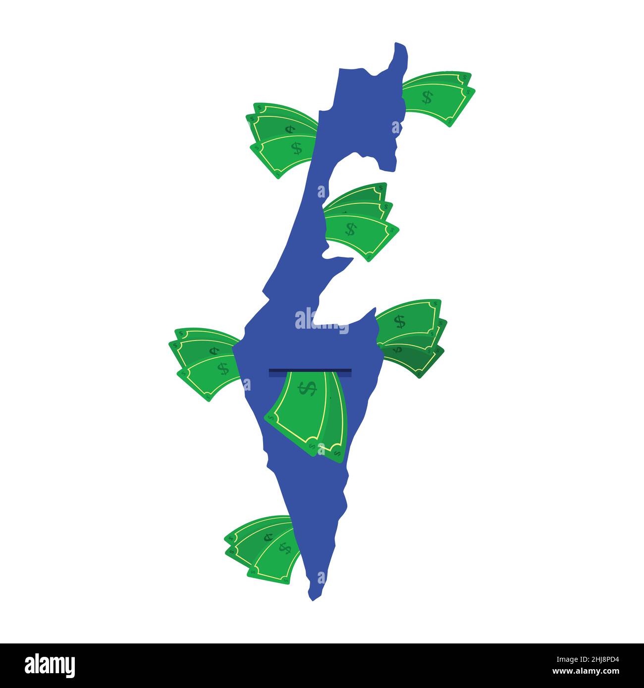 Carte d'Israël en bleu avec des factures d'argent.Argent quittant le centre du pays.Économie du pays israélien.Arrière-plan blanc.Isolé. Illustration de Vecteur