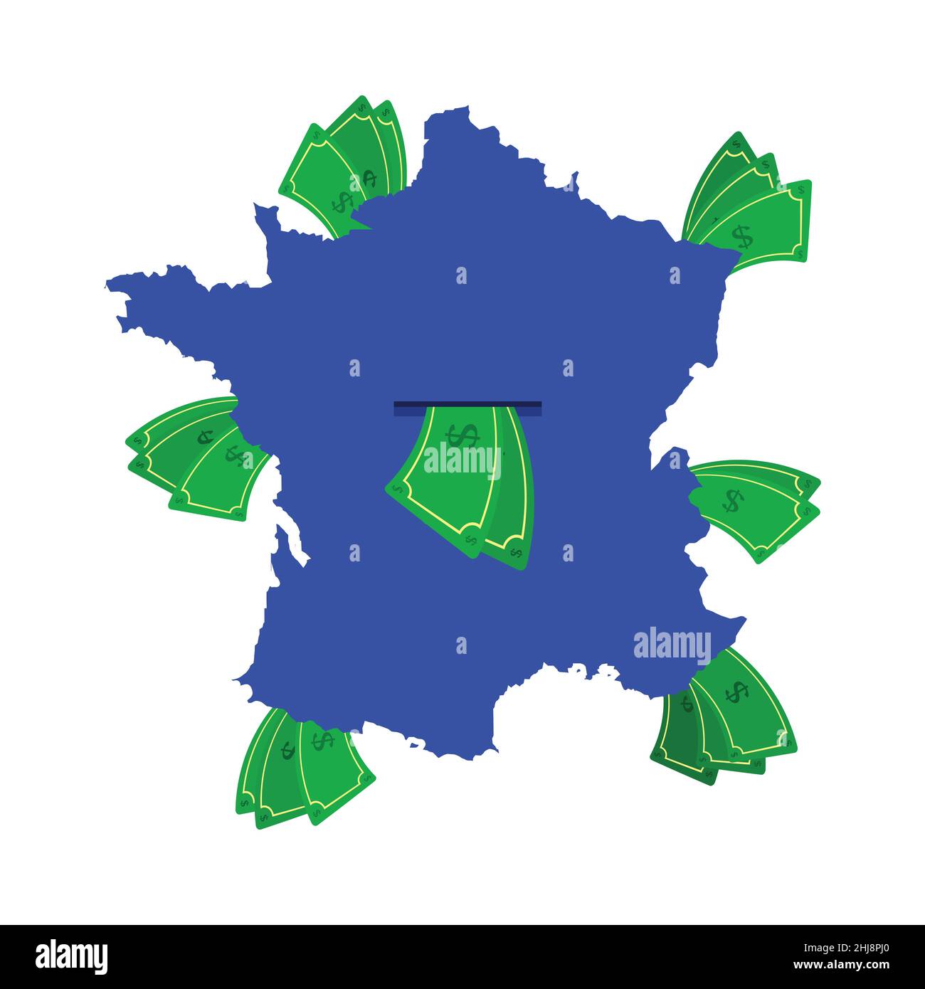 Carte de France en bleu avec des factures d'argent.Argent quittant le centre du pays.Économie du pays français.Arrière-plan blanc.Isolé. Illustration de Vecteur