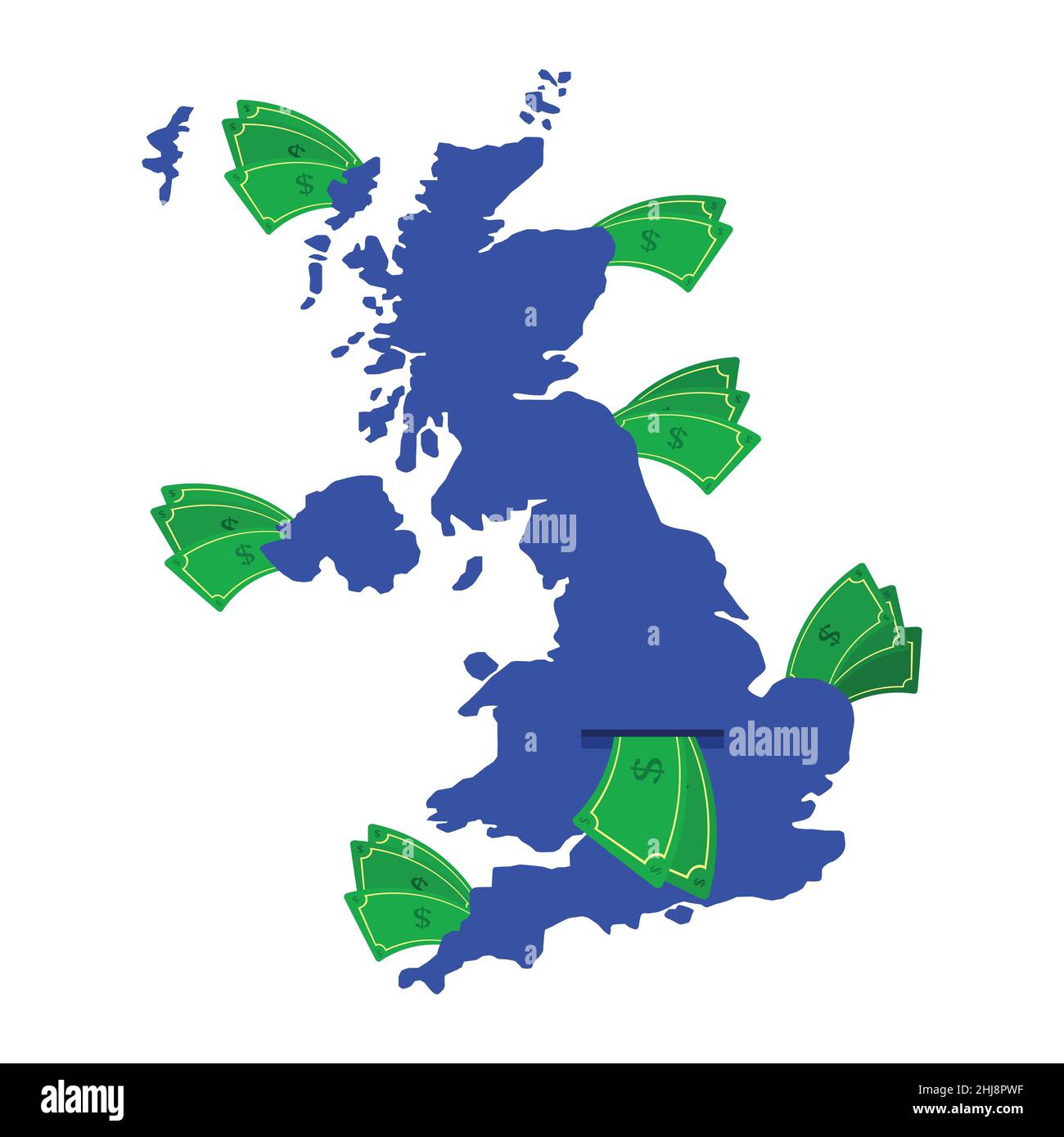 Carte du Royaume-Uni en bleu avec des billets d'argent.Argent quittant le centre du pays.Économie du pays anglais.Arrière-plan blanc.Isolé. Illustration de Vecteur