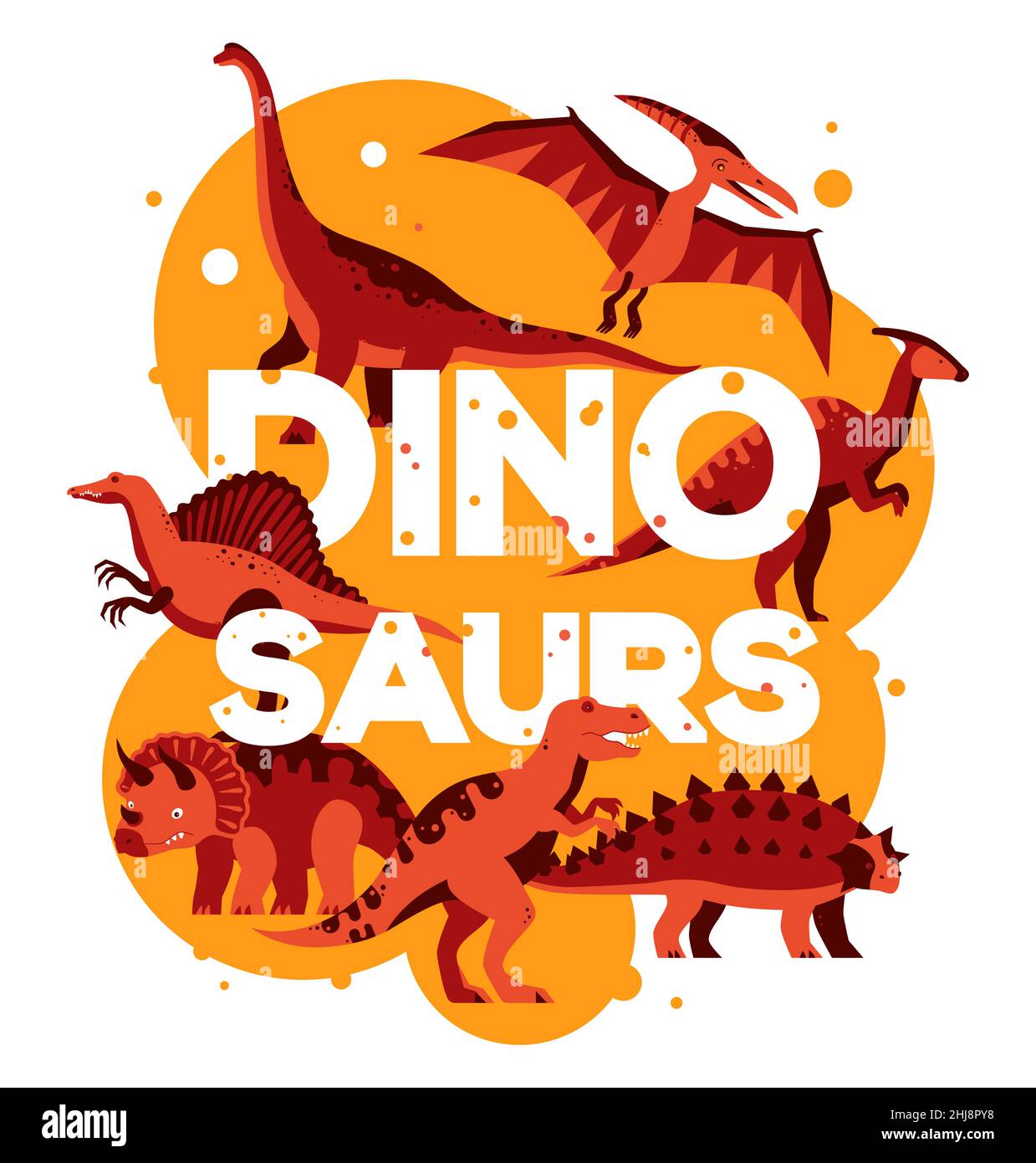 Différents dinosaures - dessin de style plat orange illustration.Animaux anciens éteints, collection dino.Image colorée avec lézards jurassiques comme tyr Illustration de Vecteur