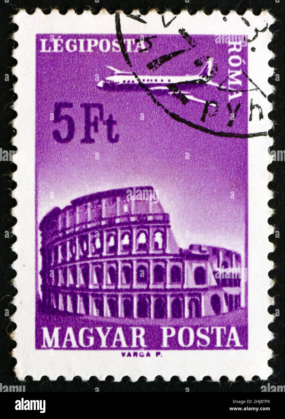 HONGRIE - VERS 1966: Un timbre imprimé en Hongrie montre avion au-dessus de Rome, Hungarian Airlines, vers 1966 Banque D'Images