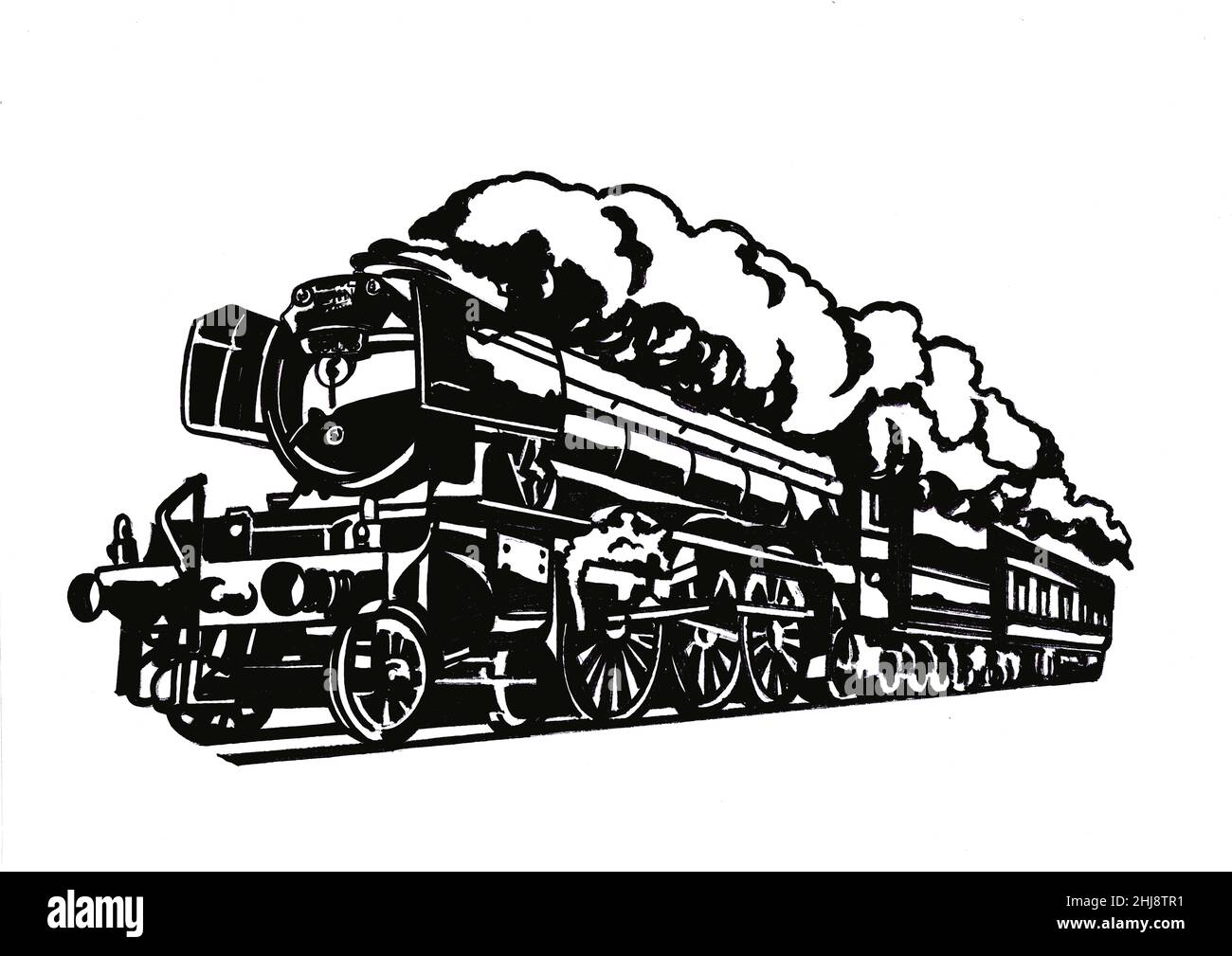 Croquis d'un train à vapeur d'époque en mouvement sur fond blanc. Banque D'Images