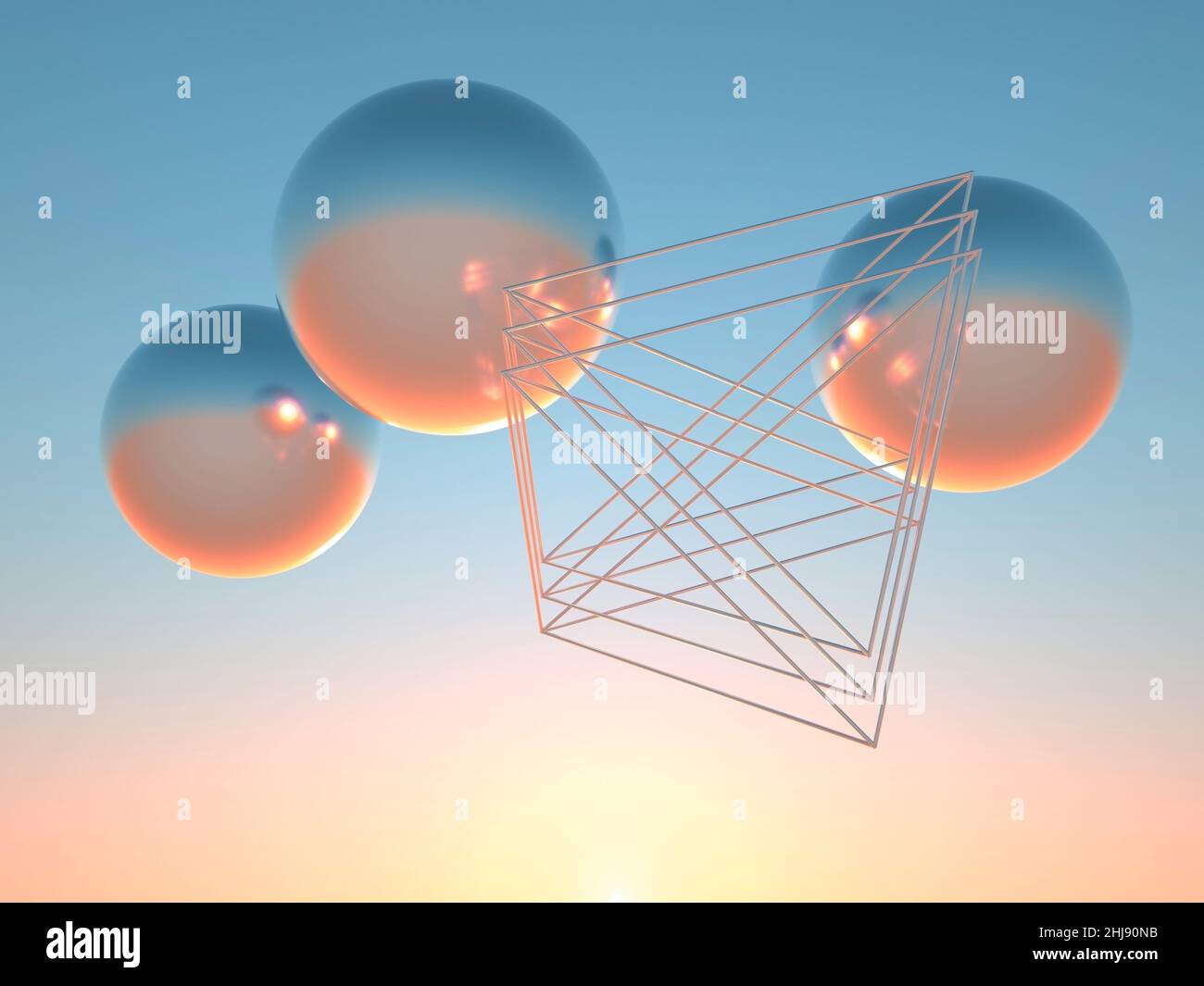 Installation géométrique abstraite.Des sphères brillantes et une structure de modèle filaire sont dans le ciel.3d illustration du rendu Banque D'Images