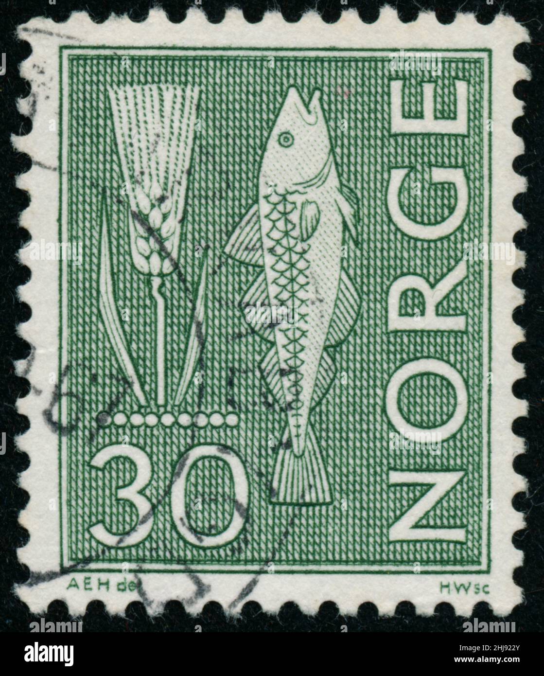 POLTAVA, UKRAINE - 27 janvier 2022.Timbre d'époque imprimé en Norvège vers 1964 épis et poissons Banque D'Images