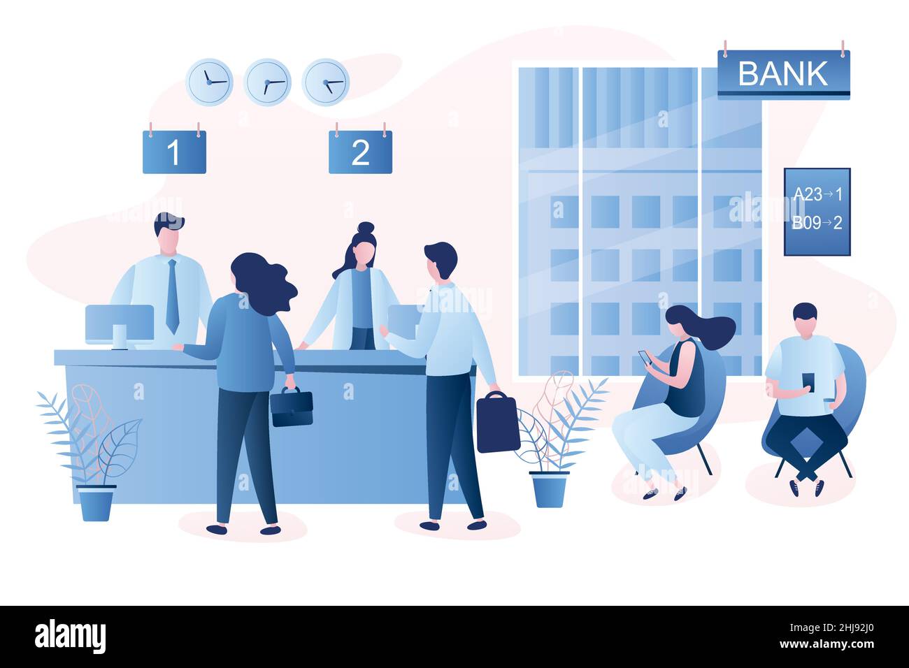 Intérieur moderne du bureau de banque. File d'attente pour les personnes en déplacement professionnel.Les personnages des directeurs de banque et des clients.Illustration vectorielle tendance Illustration de Vecteur