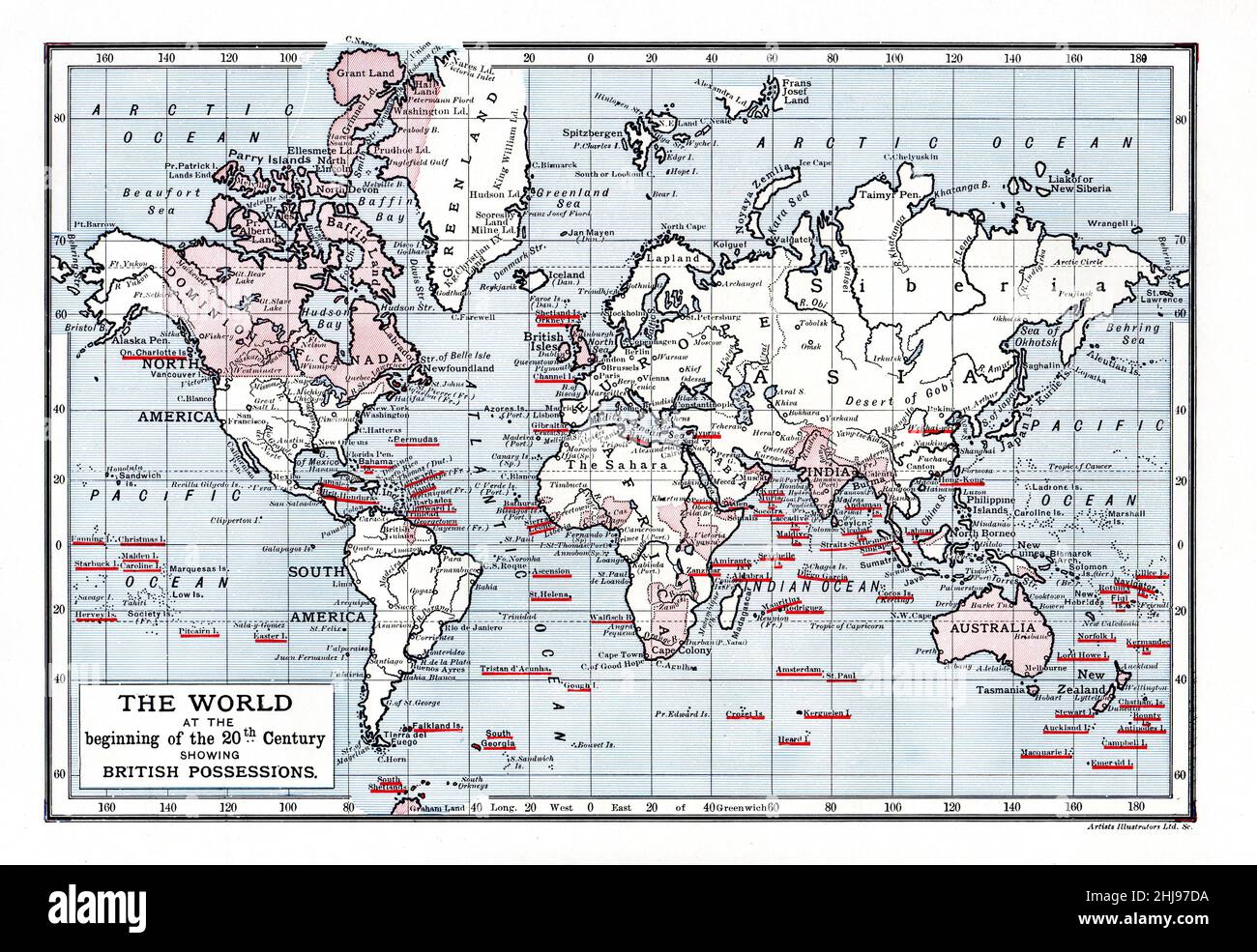 Illustration en couleur; carte du monde au début du 20th siècle montrant les possessions britanniques Banque D'Images