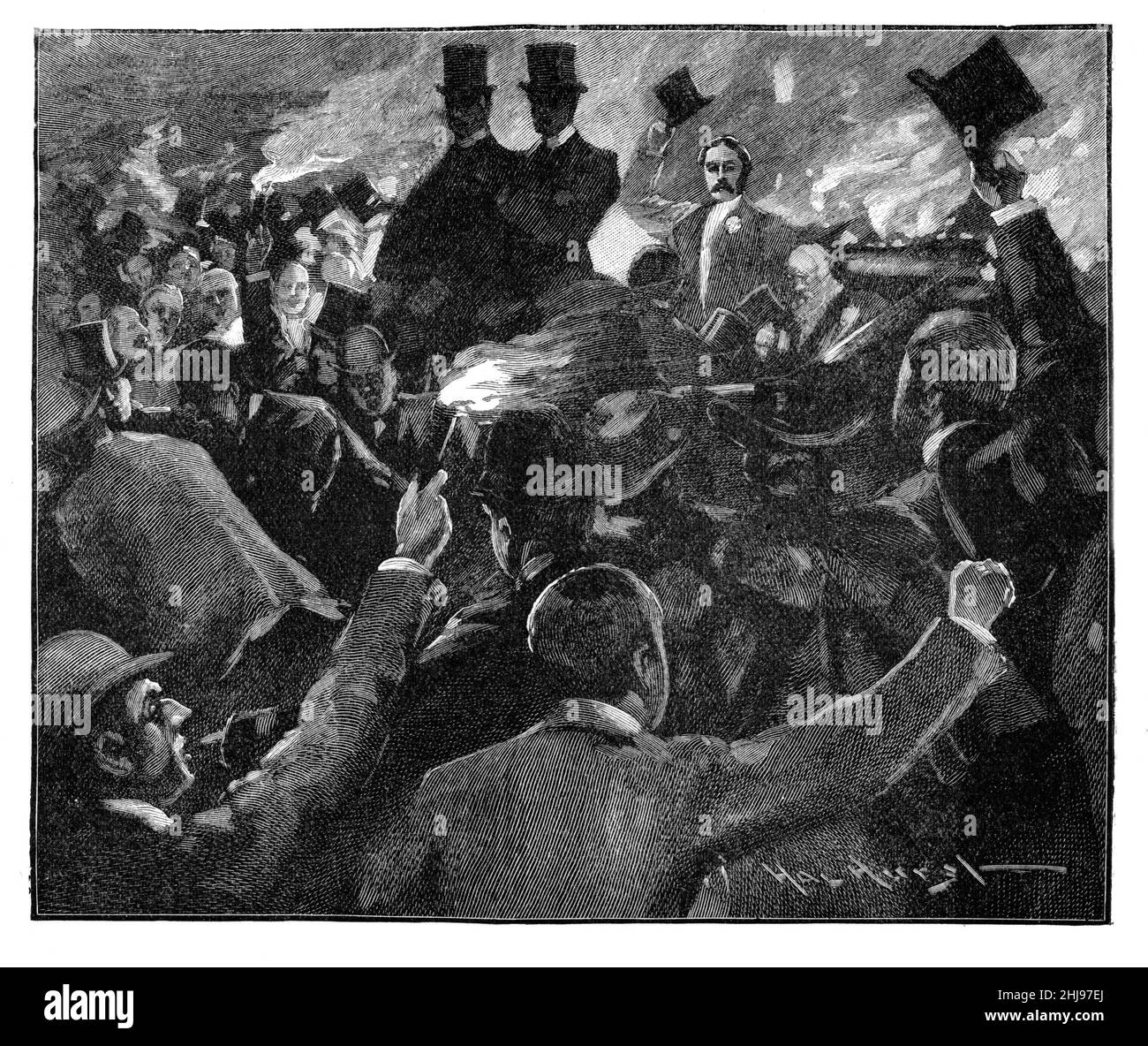 Illustration en noir et blanc; Arthur Balfour, député lors d'une manifestation contre le second projet de loi sur le règlement intérieur, à Belfast, irlande du Nord, 1893 Banque D'Images