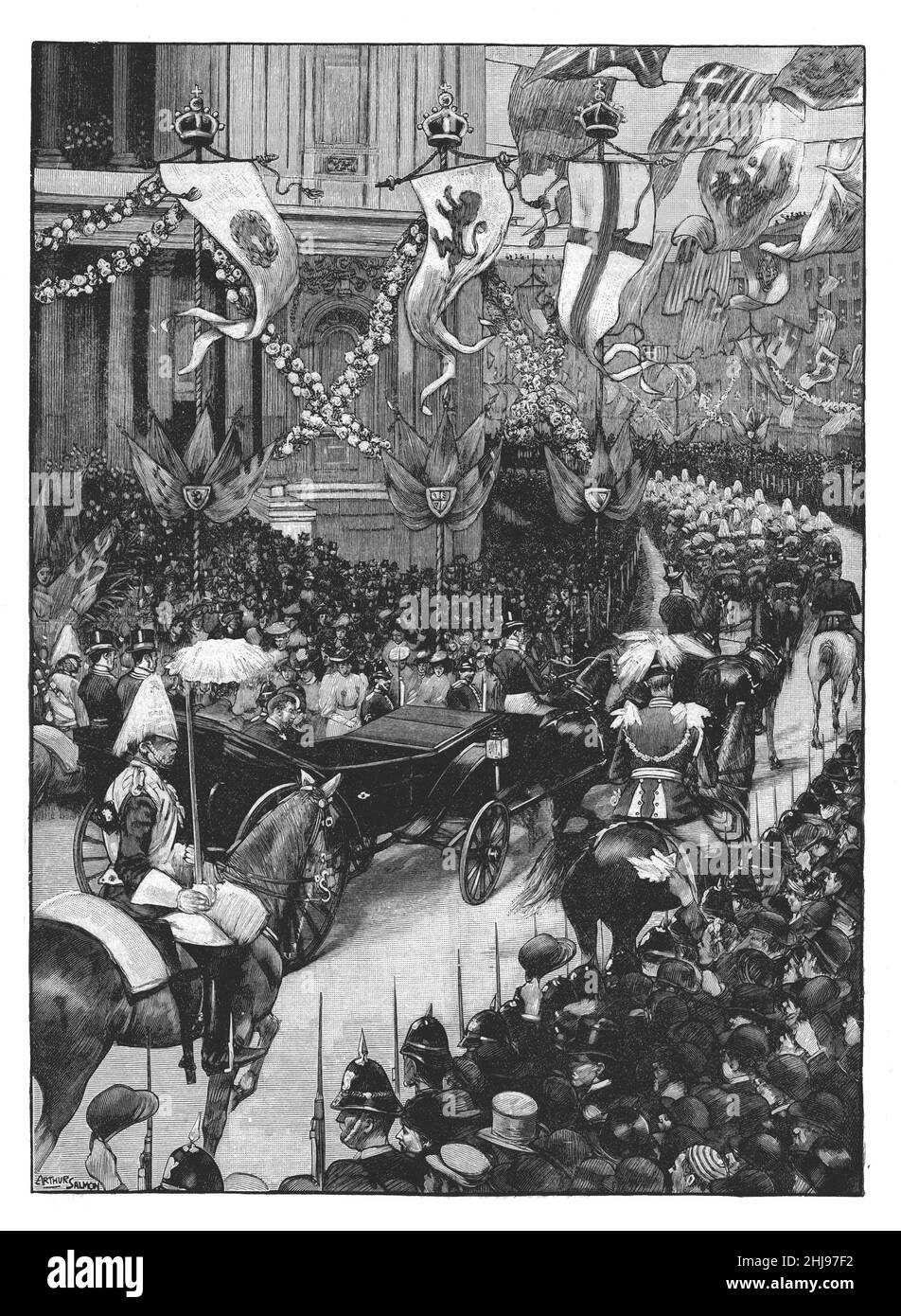 Illustration en noir et blanc; mariage du prince George, duc d'York, et de la princesse Victoria de Teck: Procession royale passant devant la cathédrale Saint-Paul Banque D'Images