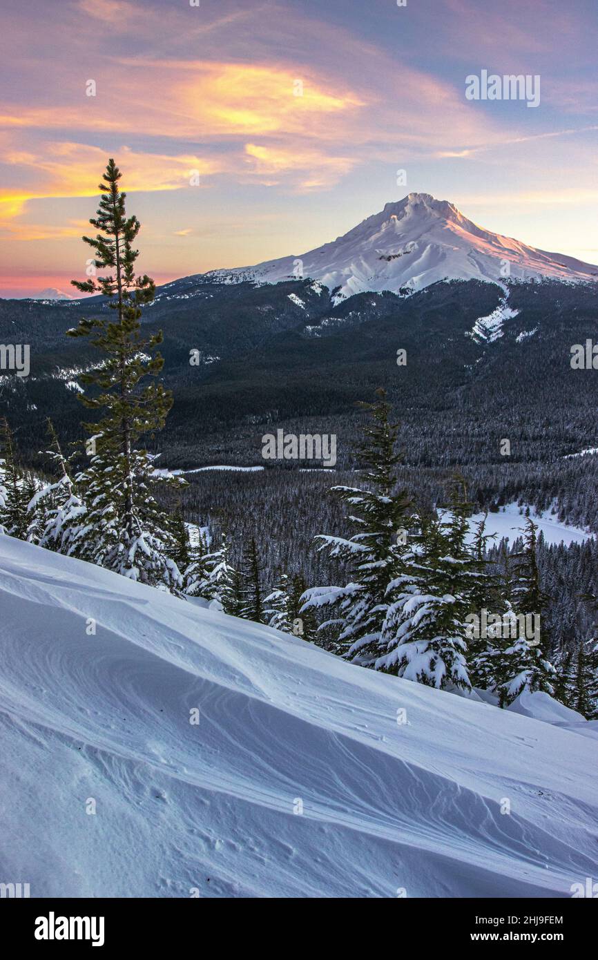 Vue majestueuse du Mont Hood vue d'un coucher de soleil d'hiver prise de la forêt nationale du Mont Hood en Oregon en hiver Banque D'Images