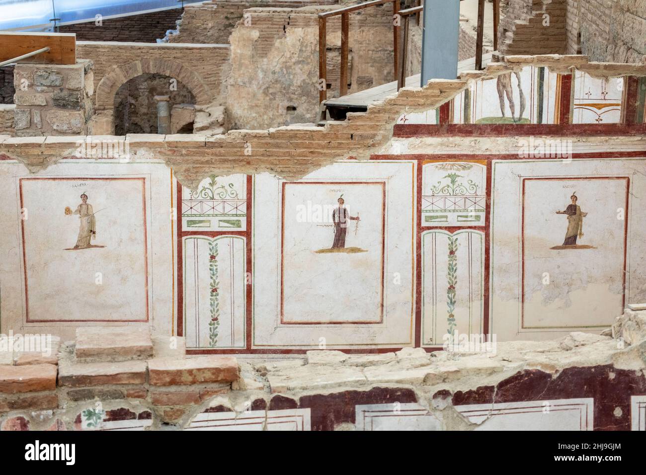 Gros plan vue détaillée des décorations murales colorées des maisons en terrasse de la ville antique d'Ephèse à Selcuk, Izmir, Turquie le 22 octobre 2021. Banque D'Images