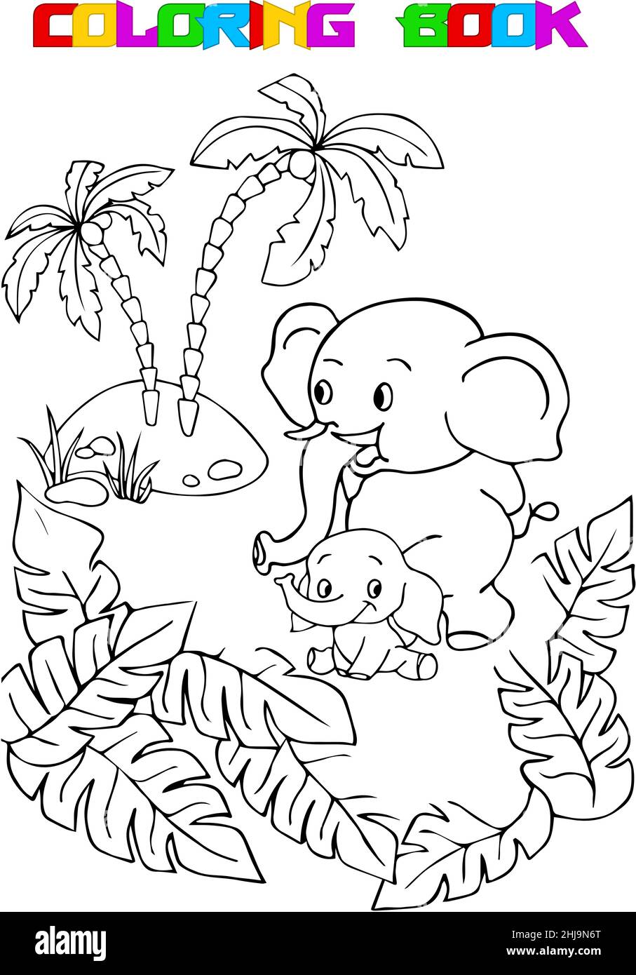 Illustration vectorielle avec des éléphants de dessin humoristique et des feuilles de palmier en noir et blanc.L'illustration peut être utilisée comme page à colorier. Illustration de Vecteur