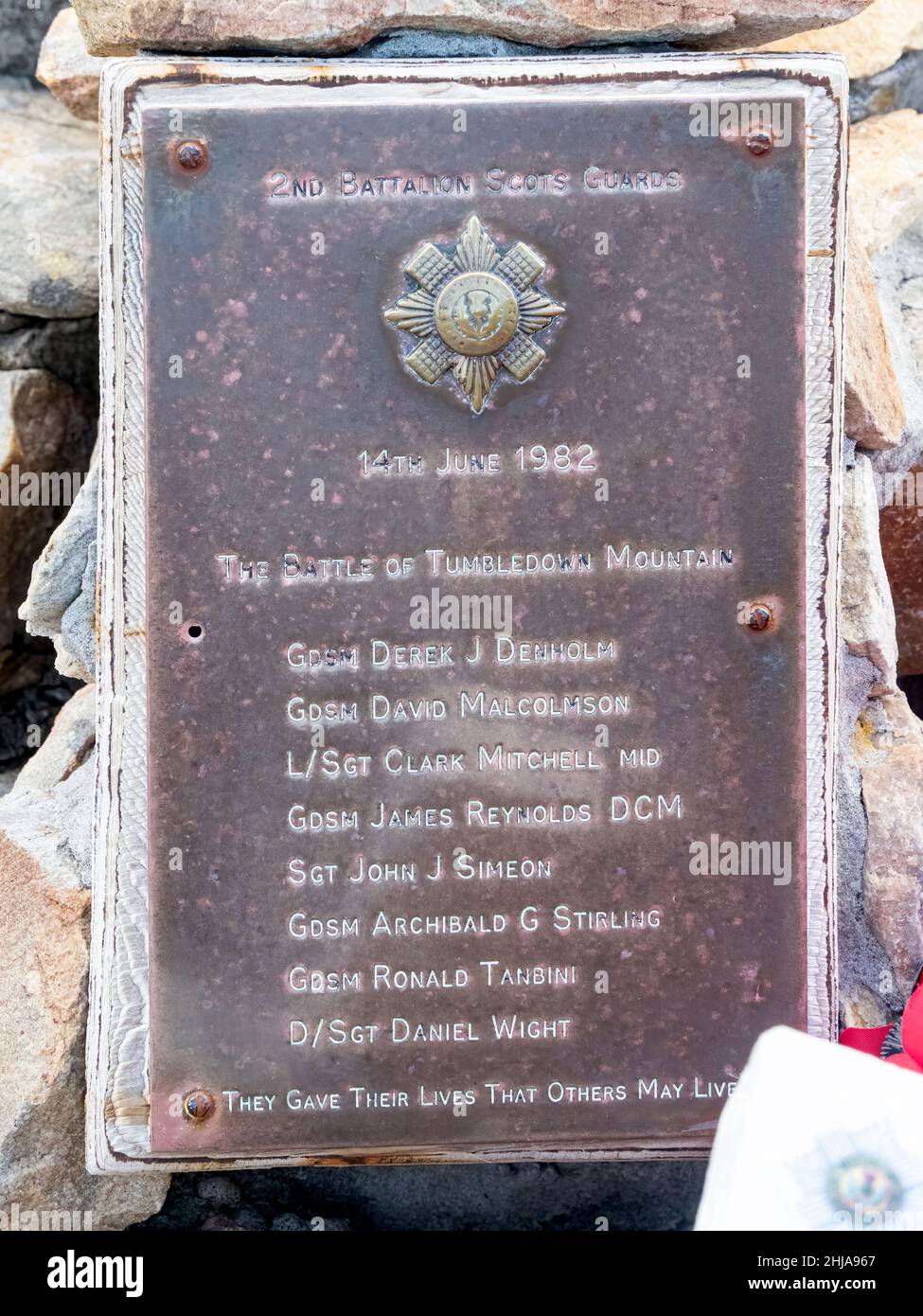 Scots Guard Memorial à la bataille de Tumbledown Mountain le 14 juin 1982, Stanley, Falklands. Banque D'Images