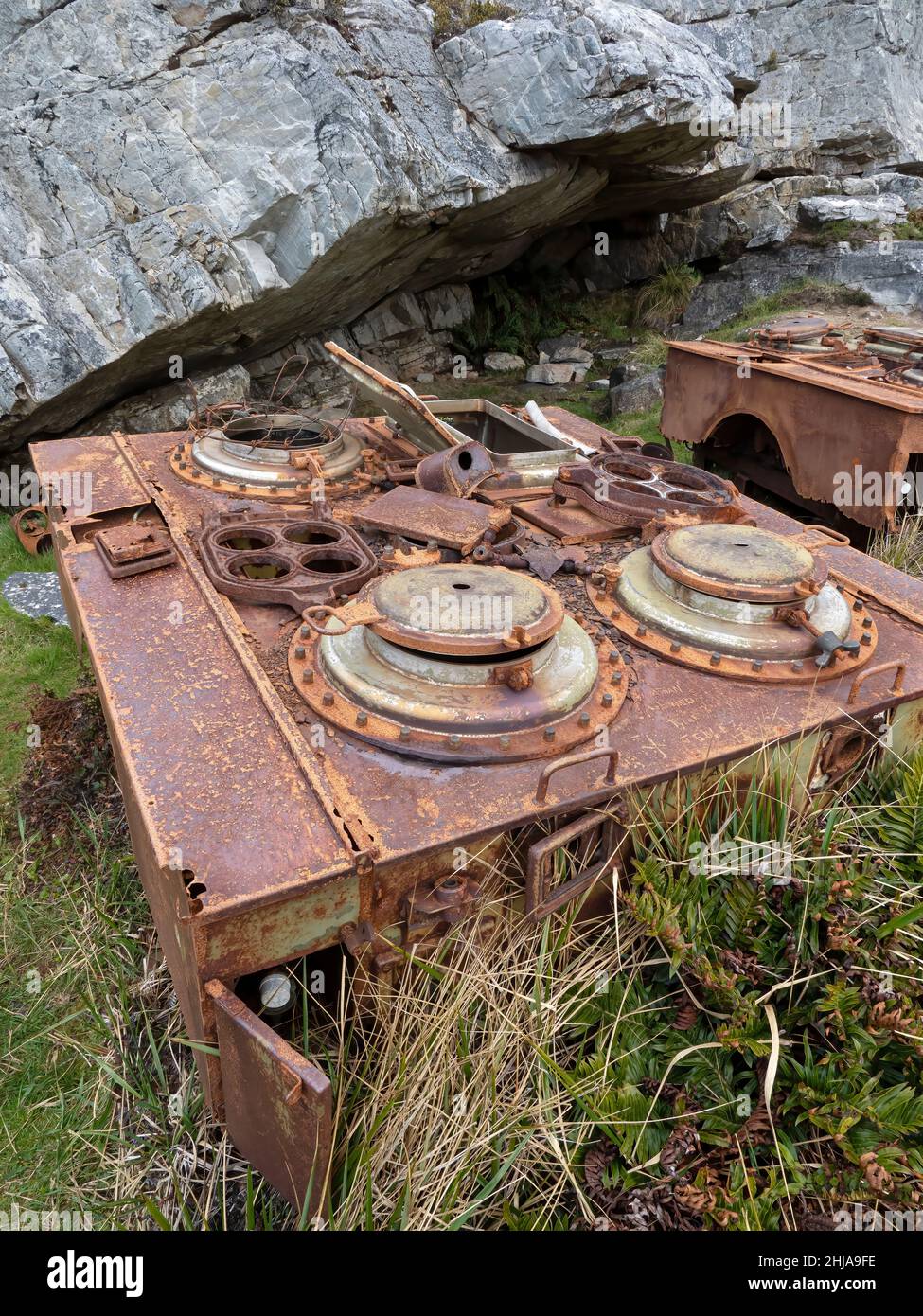 Station de préparation des aliments portable Argentine utilisée pendant le conflit de 1982 sur le montTumbledown, Falklands. Banque D'Images