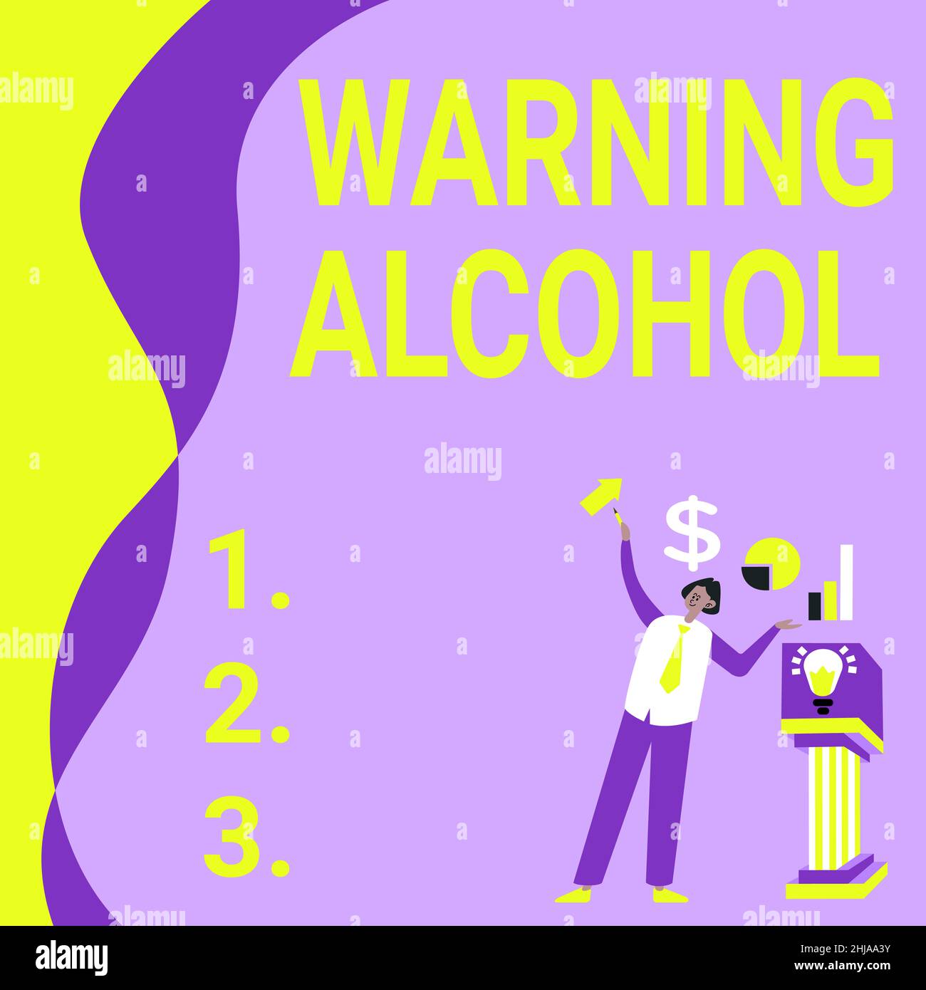 Affiche Avertissement alcool.Les messages de concept Internet apparaissent sur l'emballage des boissons alcoolisées Manstanding seul présentant des cartes et Nouveau Banque D'Images