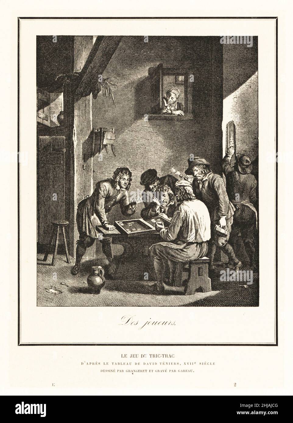 Hommes jouant le jeu de trictrac, 17th siècle.Un homme lance les dés tandis  que d'autres regardent le conseil, fumer des pipes de tabac.Après une  peinture de David Teniers.Le jeu du TRIC-trac.Lithographie de