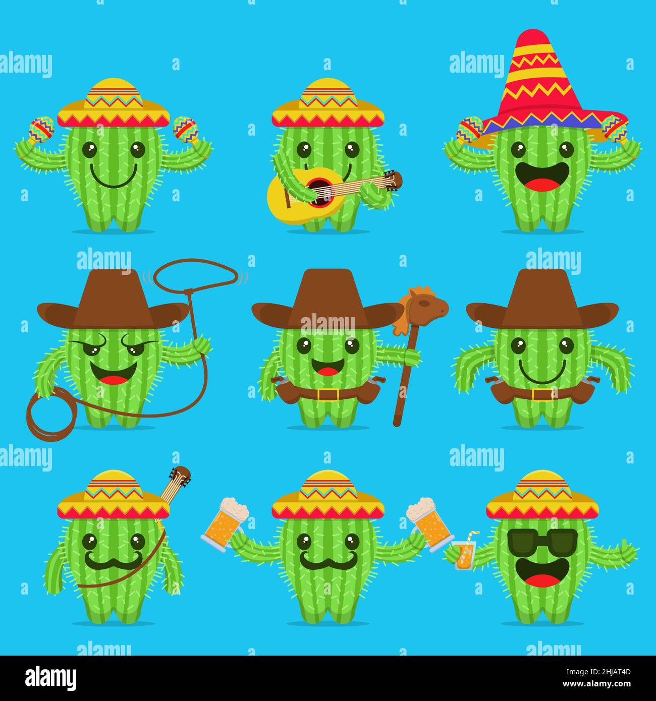 illustration vectorielle d'un ensemble de caractères cactus mexicains avec différents styles et expressions Illustration de Vecteur