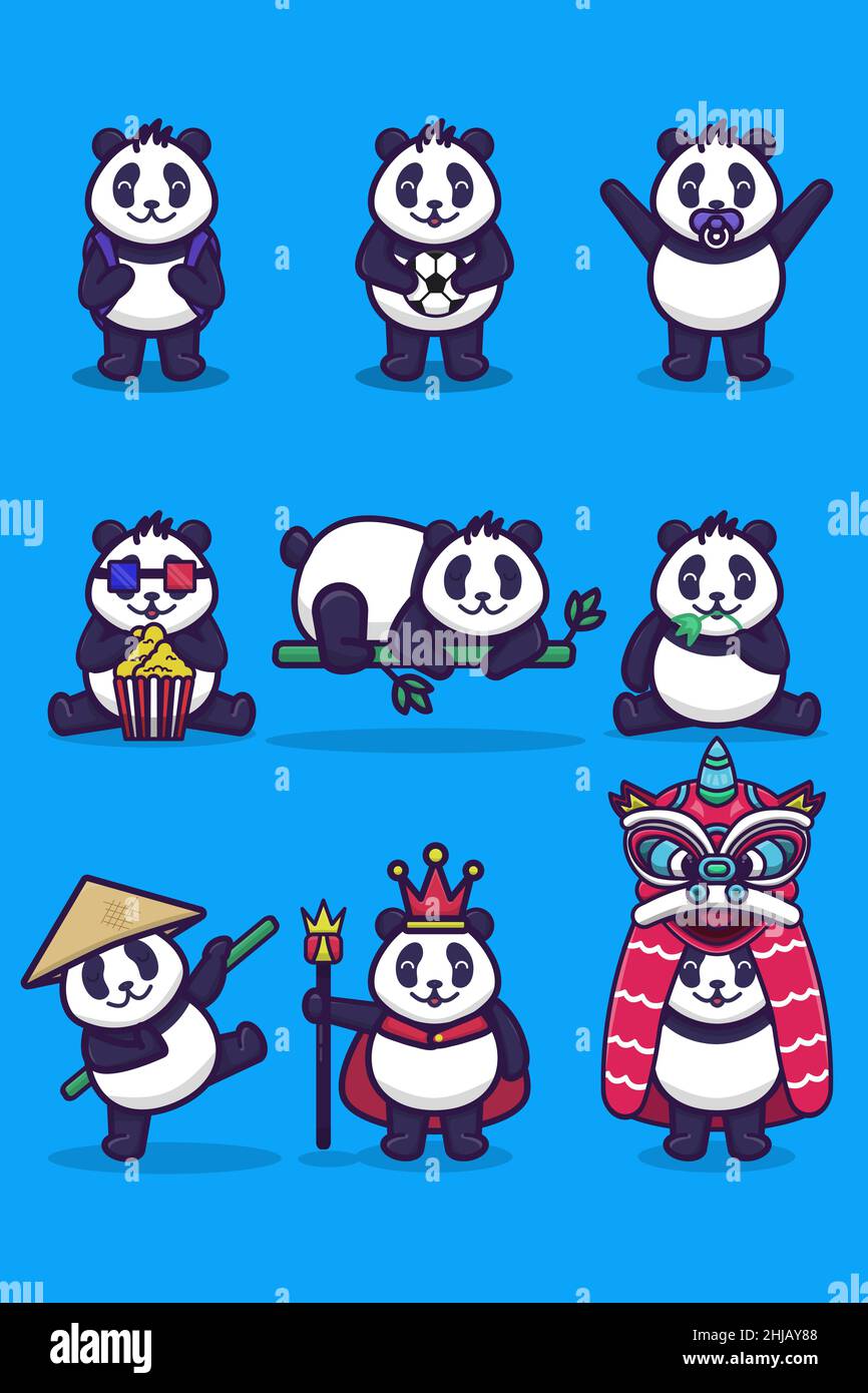 Un ensemble de personnages panda mignons avec des activités et des styles variés Illustration de Vecteur