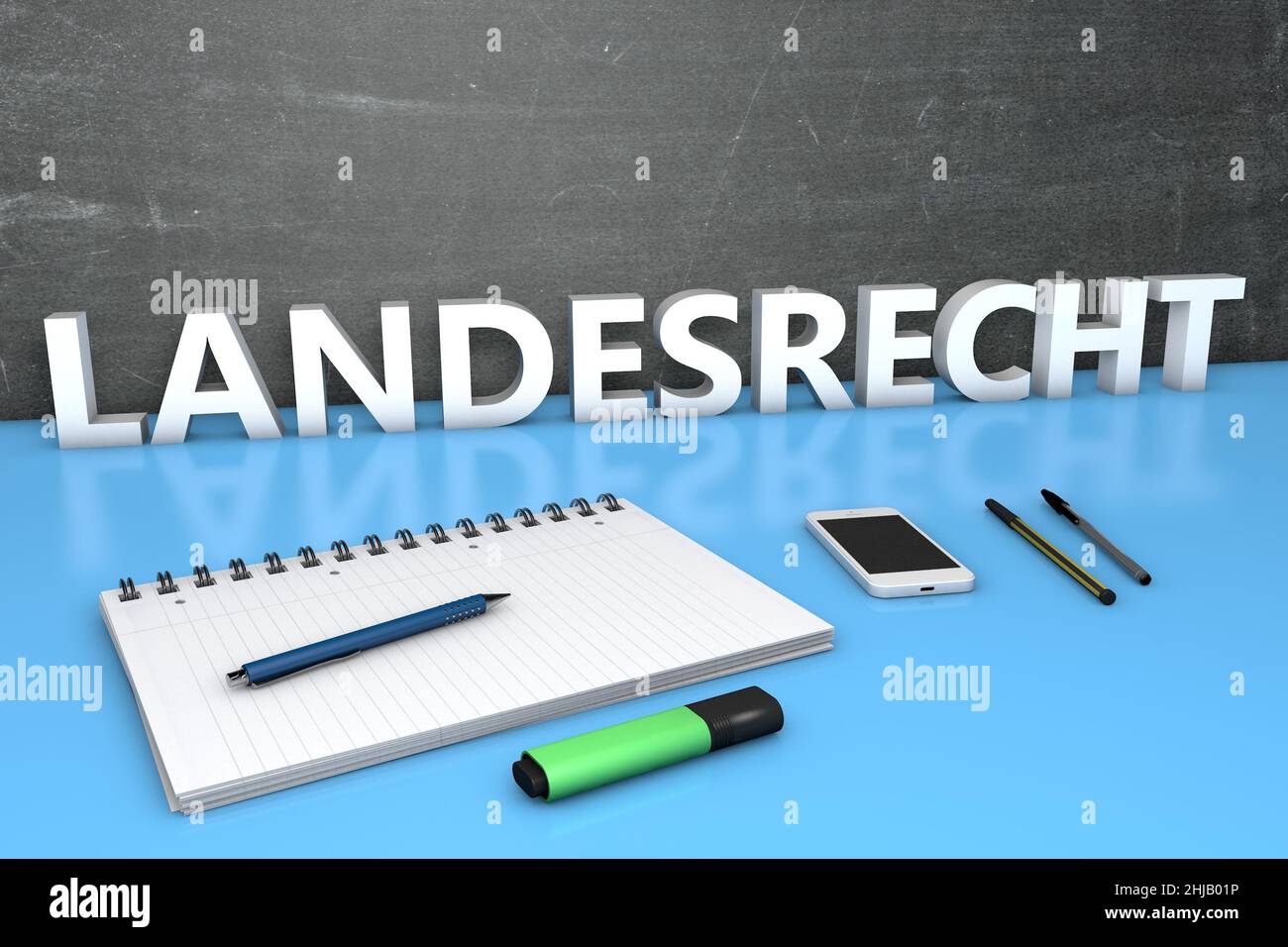 Landesrecht - mot allemand pour le droit national ou le droit de l'État - concept de texte avec tableau noir, bloc-notes, stylos et téléphone mobile.3D rendu de l'illustration. Banque D'Images