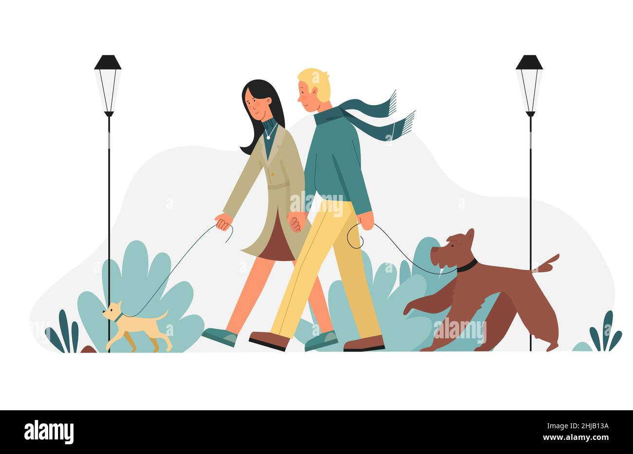 Jeune couple marchant dans le parc avec des chiens animaux de compagnie.Famille avec animaux domestiques passer du temps à l'extérieur ensemble illustration vectorielle plate Illustration de Vecteur