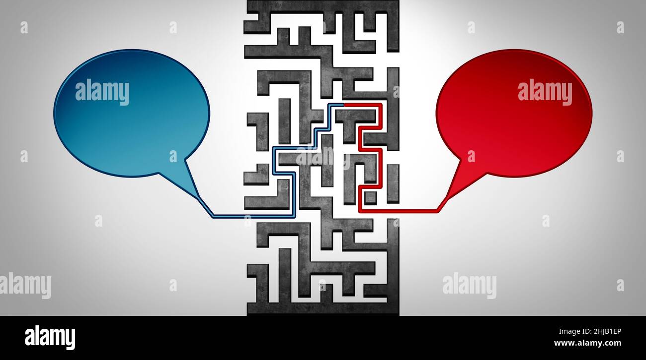 Défis de communication et concept de solution de défi de communication comme un labyrinthe avec deux bulles de parole différentes trouvant un chemin pour se connecter. Banque D'Images