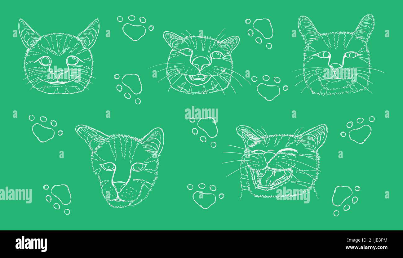 dessin de ligne de différents éléments tête de chat mignon et empreinte