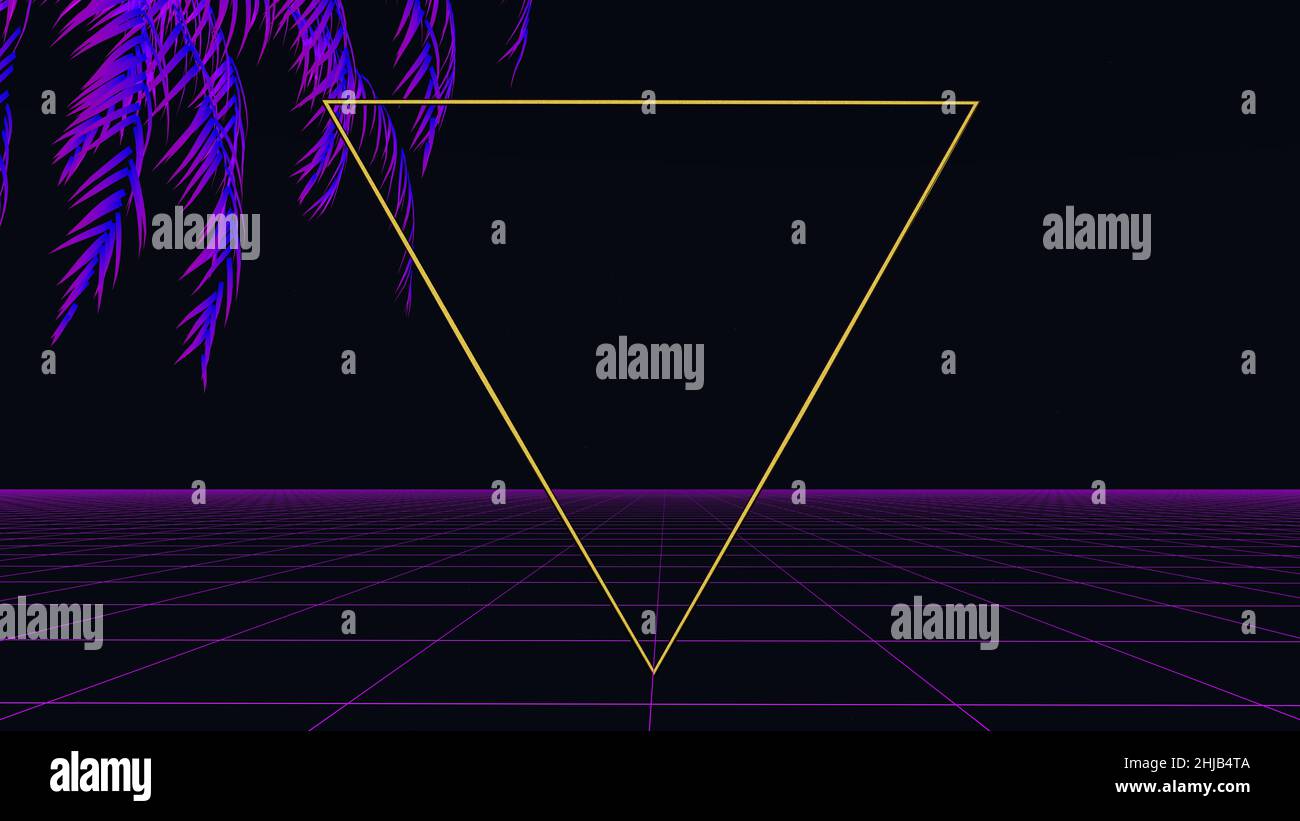 Arrière-plan de l'onde synthwave rétro.3d néons et palmier tropical sur un fond de nuit sombre.Stylistique du 80s, jeux informatiques et musique électronique.Illustration 3D de haute qualité Banque D'Images