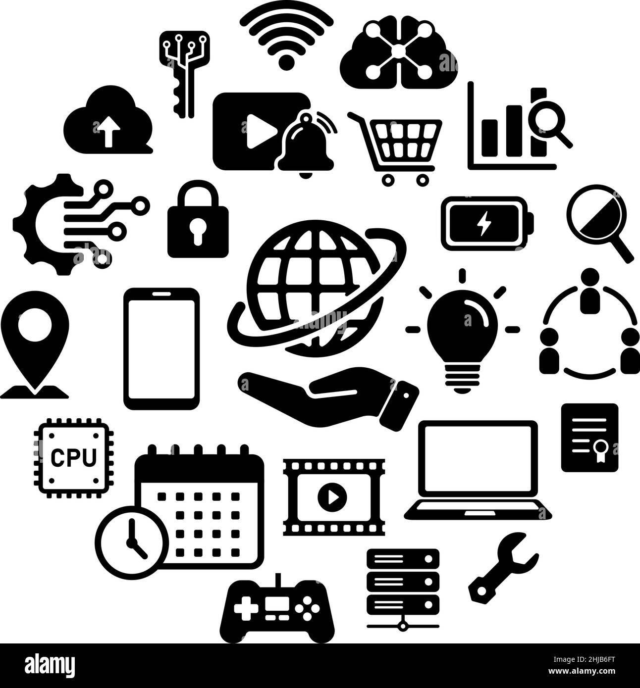 Ensemble d'icônes de technologie (affaires, réseau, etc.) disposées en cercle Illustration de Vecteur