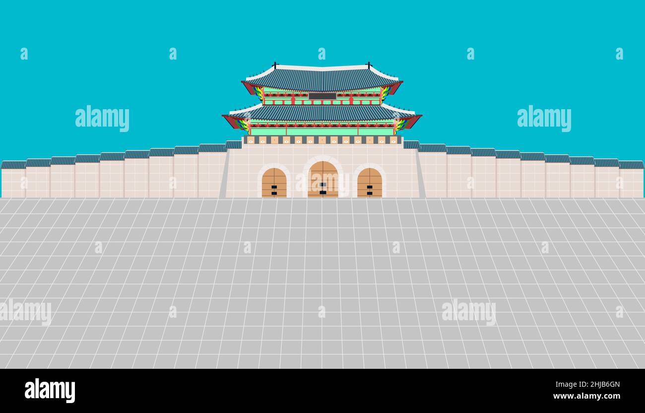 porte de gwanghwamun et long mur et grande cour au palais gyeongbokgung de séoul, corée du sud. illustration vectorielle eps10 Illustration de Vecteur