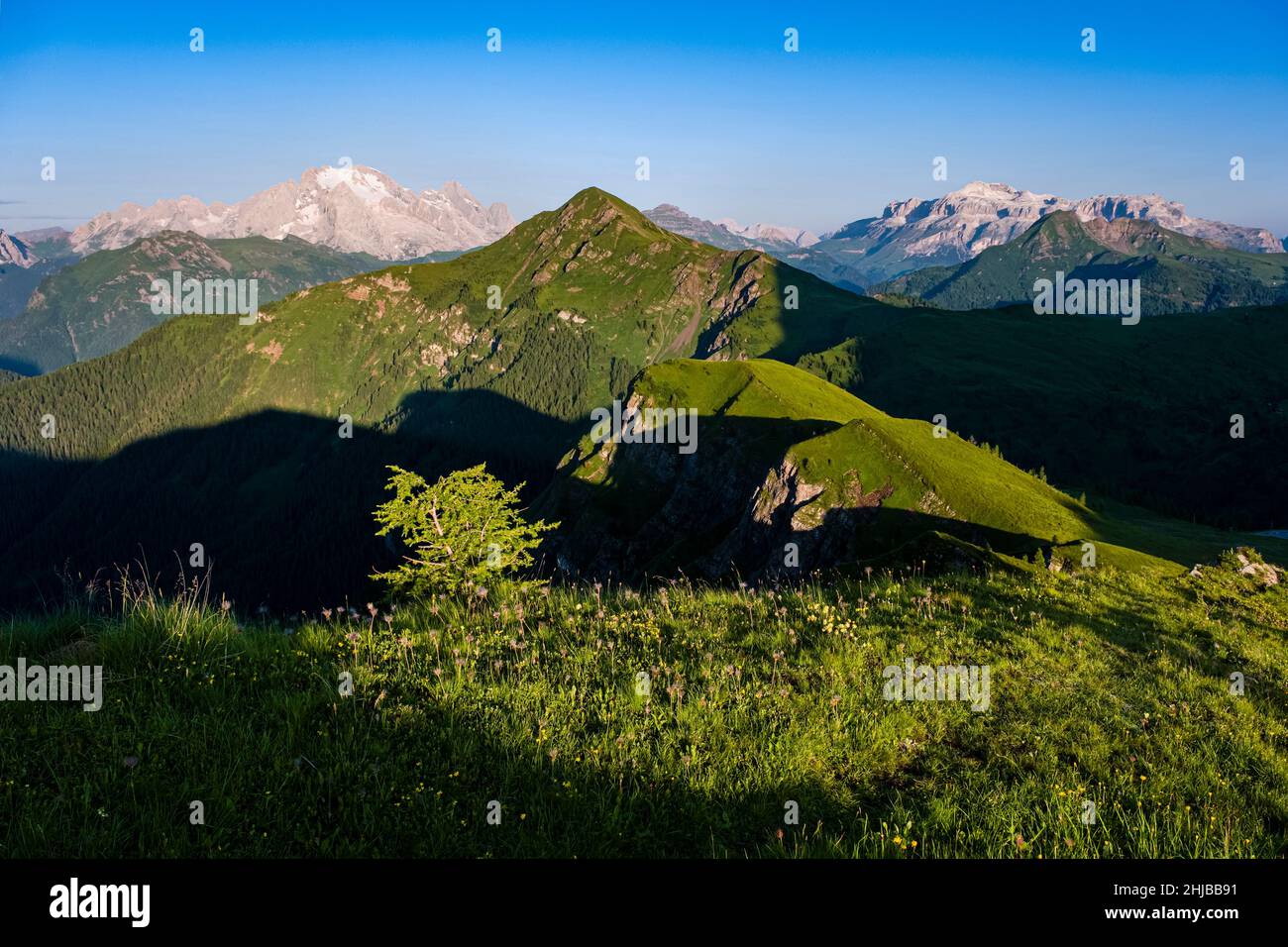 Vue de Punta di Zonia au-dessus du col de Giau, Passo di Giau, à Monte pore (milieu), Marmolada (gauche) et Sella groupe (droite) au lever du soleil. Banque D'Images