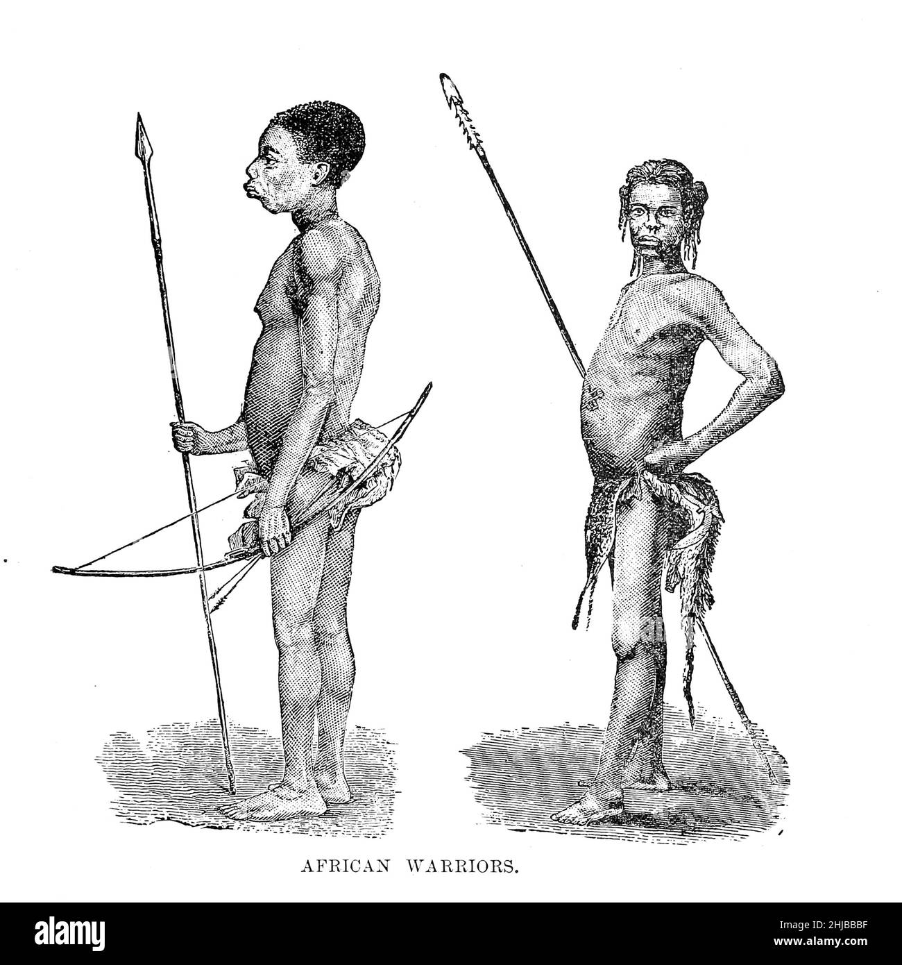 Les guerriers africains du livre Stanley in Africa.Les découvertes merveilleuses et les aventures palpitantes du grand explorateur africain, et d'autres voyageurs, pionniers et missionnaires par James Penny Boyd, éditeur: Philadelphie, Pennsylvanie; St. Louis, Missouri,P. W. Ziegler et co en 1889 Banque D'Images