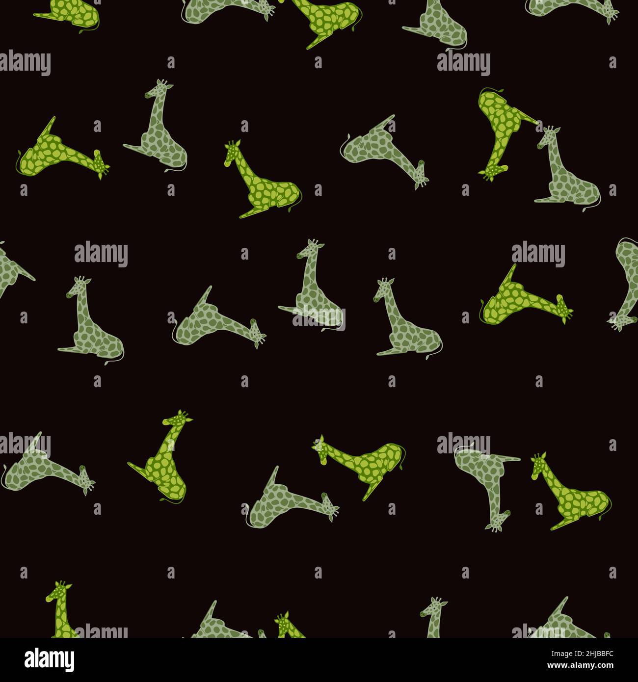 Motif safari animal foncé sans couture avec imprimé girafe vert dessin animé.Arrière-plan noir.Illustration vectorielle pour les imprimés textiles de saison, le tissu Illustration de Vecteur