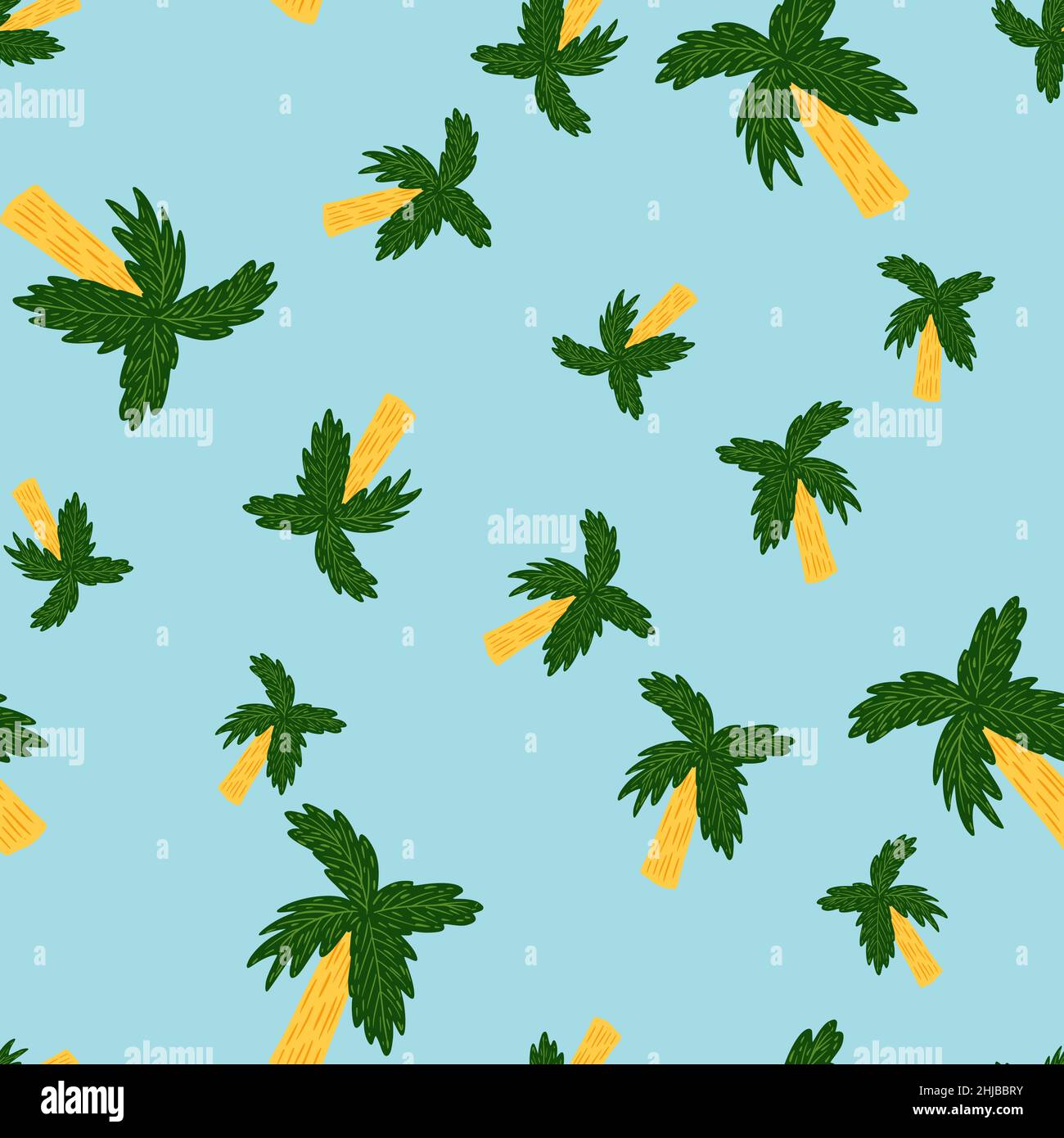 Motif aléatoire brillant sans couture avec décoration jaune et vert de palmier.Arrière-plan bleu.Motif graphique pour le papier d'emballage et la texture du tissu Illustration de Vecteur