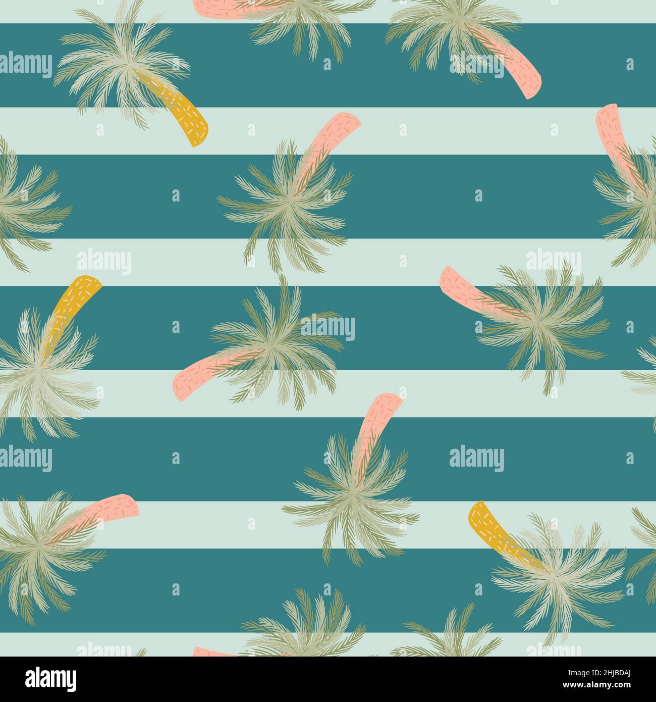 Dessin animé à la main, motif naturel sans couture, imprimé botanique au motif de palmier.Arrière-plan rayé bleu.Imprimé vectoriel plat pour le textile, le tissu et les cadeaux Illustration de Vecteur