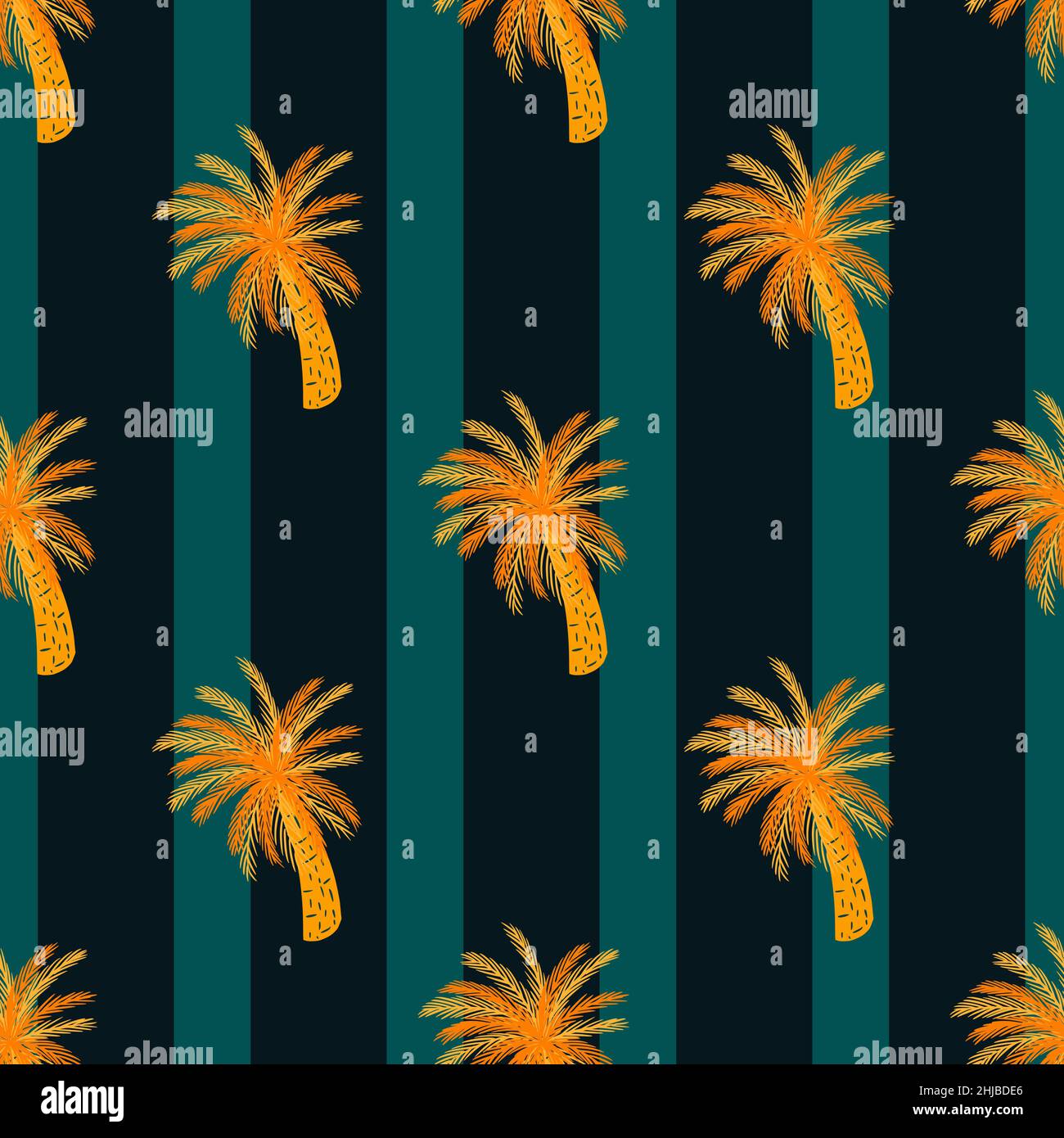 Motif de palmier orange vif sans couture dessiné à la main.Arrière-plan rayé bleu et noir.Imprimé vectoriel plat pour textile, tissu, giftwra Illustration de Vecteur
