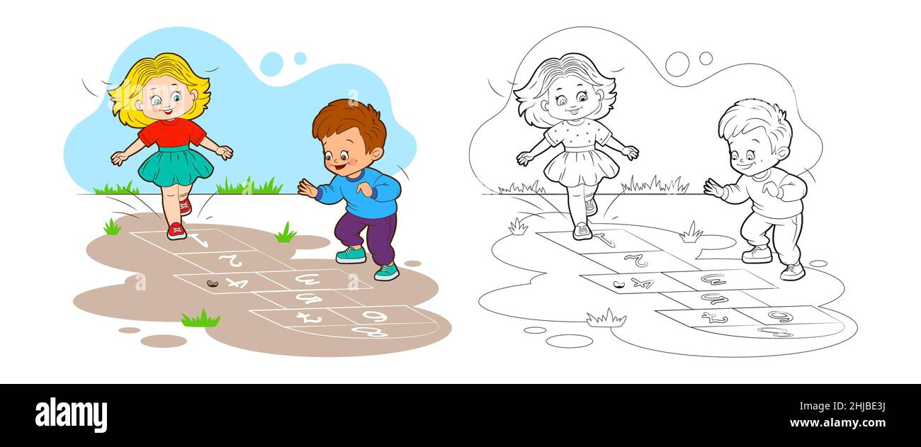 Coloriage livre fille et garçon sautent tout en jouant le hopscotch.Illustration vectorielle, style de dessin animé, lignes noires et blanches Illustration de Vecteur